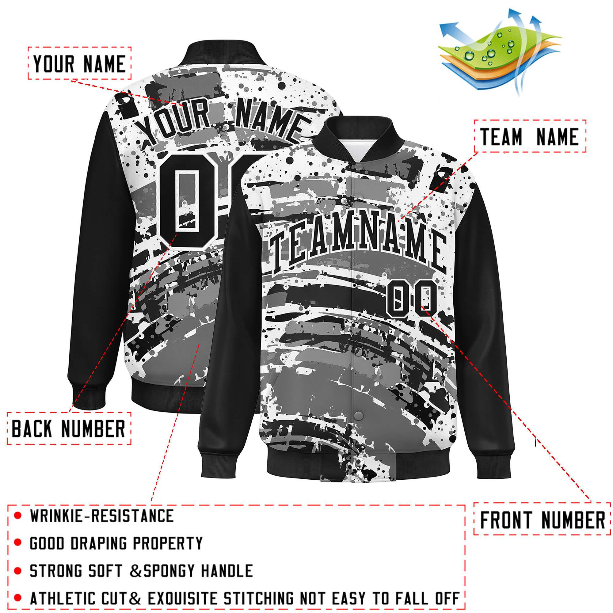 Custom Black Varsity Full-Snap Graffiti Pattern Letterman Baseball Jacket