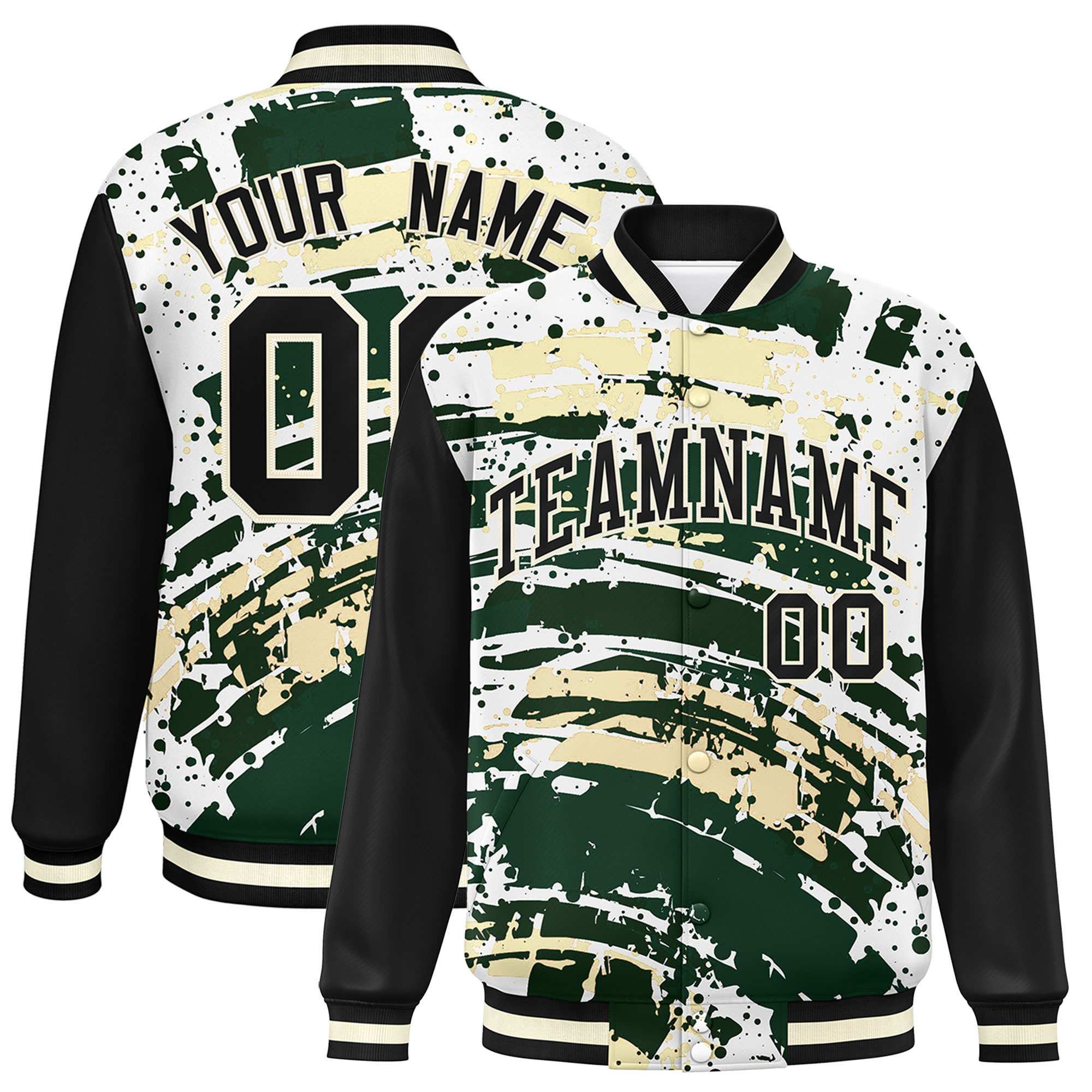 Custom Black Varsity Full-Snap Graffiti Pattern Letterman Baseball Jacket