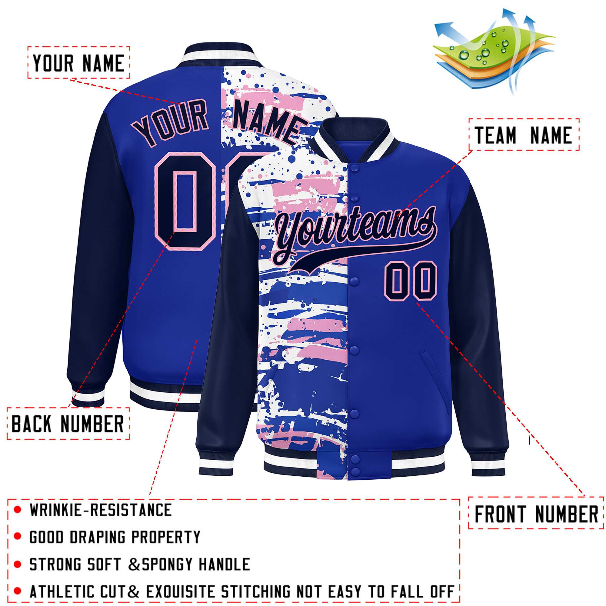 Custom Royal Navy Varsity Full-Snap Graffiti Pattern Letterman Baseball Jacket