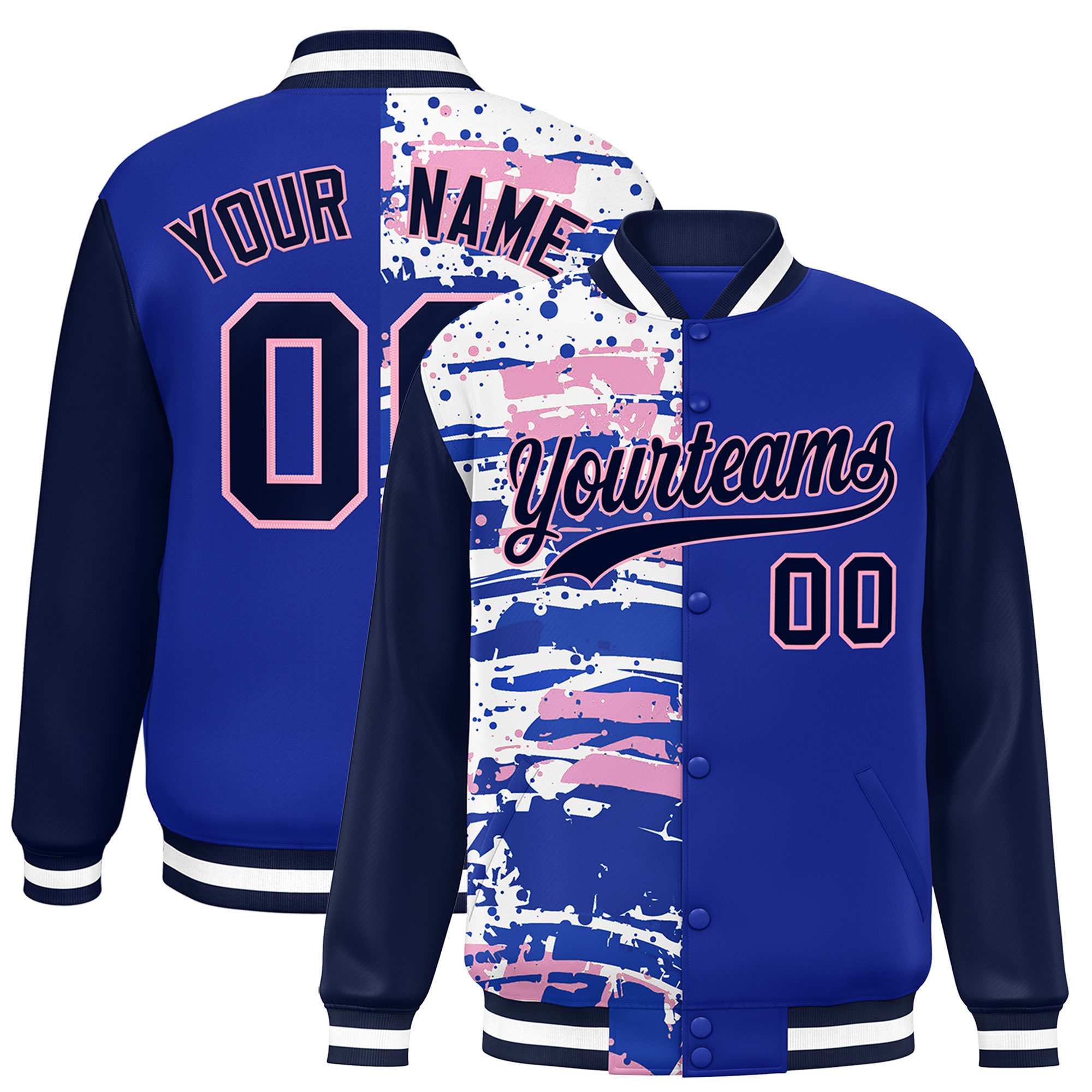 Custom Royal Navy Varsity Full-Snap Graffiti Pattern Letterman Baseball Jacket