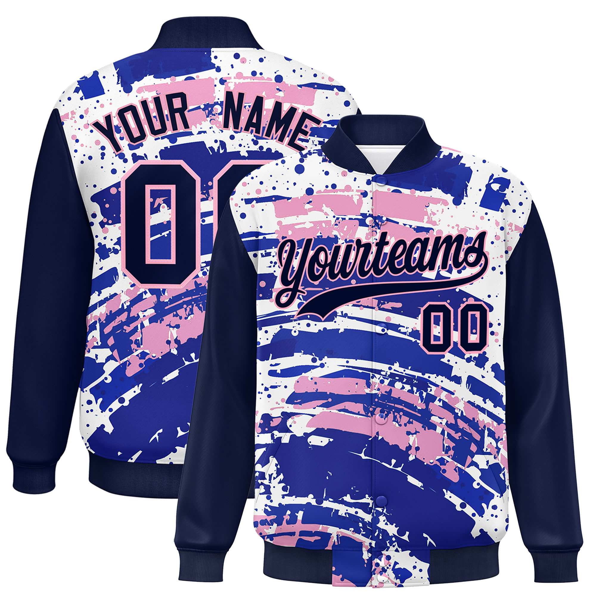 Custom Navy Varsity Full-Snap Graffiti Pattern Letterman Baseball Jacket