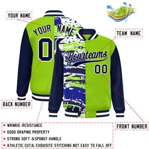 Custom Neon Green Navy Varsity Full-Snap Graffiti Pattern Letterman Baseball Jacket