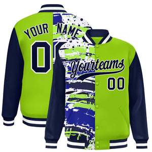 Custom Neon Green Navy Varsity Full-Snap Graffiti Pattern Letterman Baseball Jacket