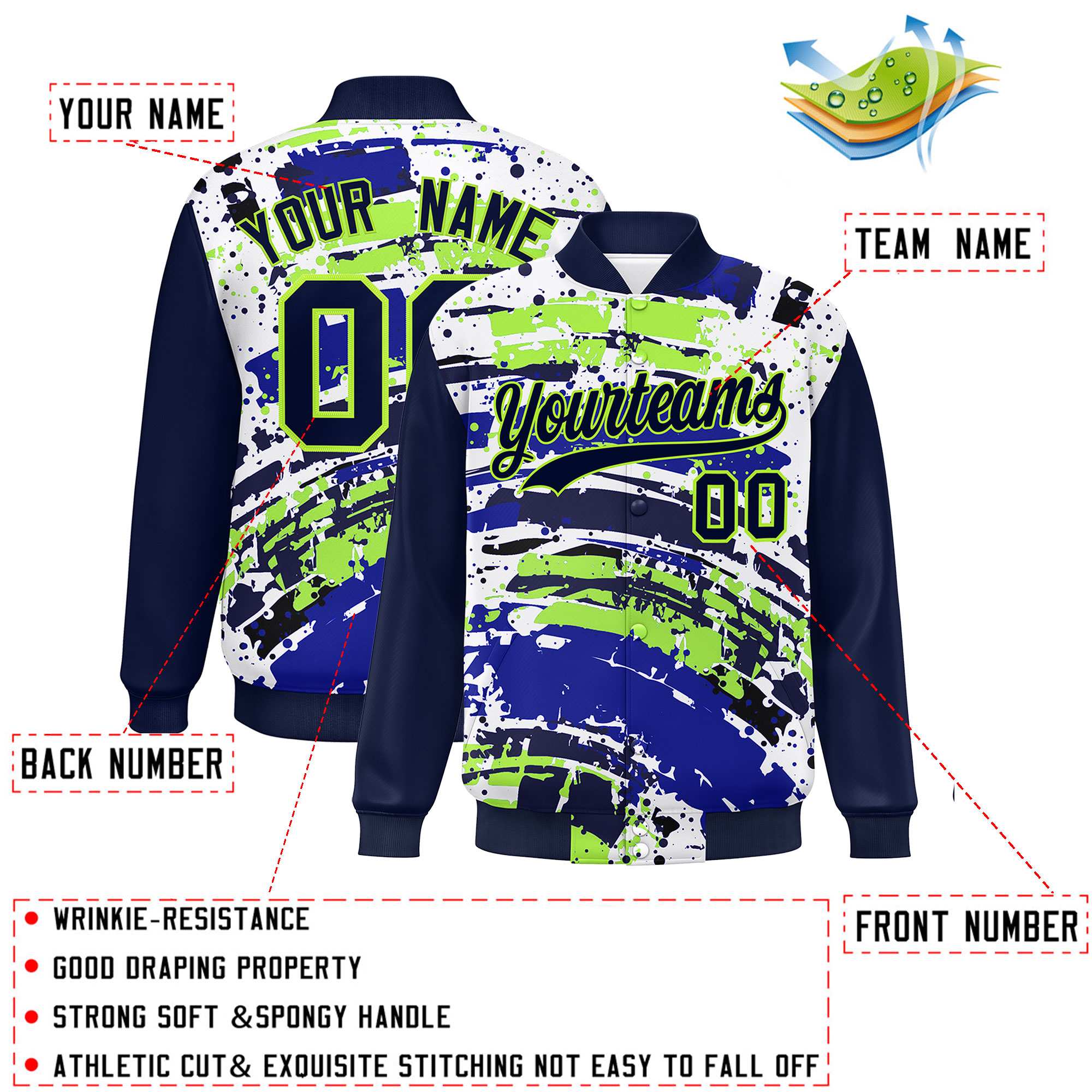 Custom Navy Varsity Full-Snap Graffiti Pattern Letterman Baseball Jacket