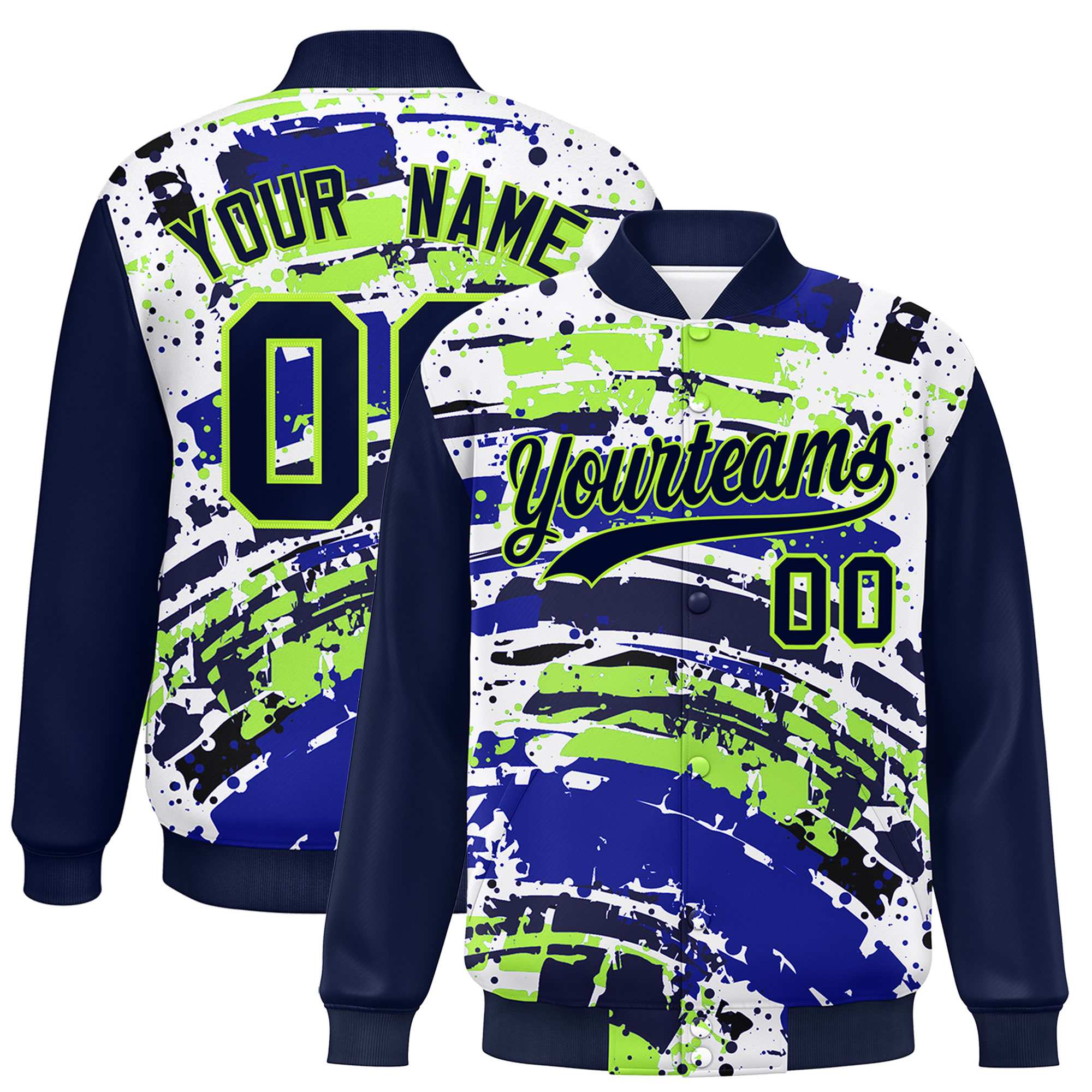 Custom Navy Varsity Full-Snap Graffiti Pattern Letterman Baseball Jacket