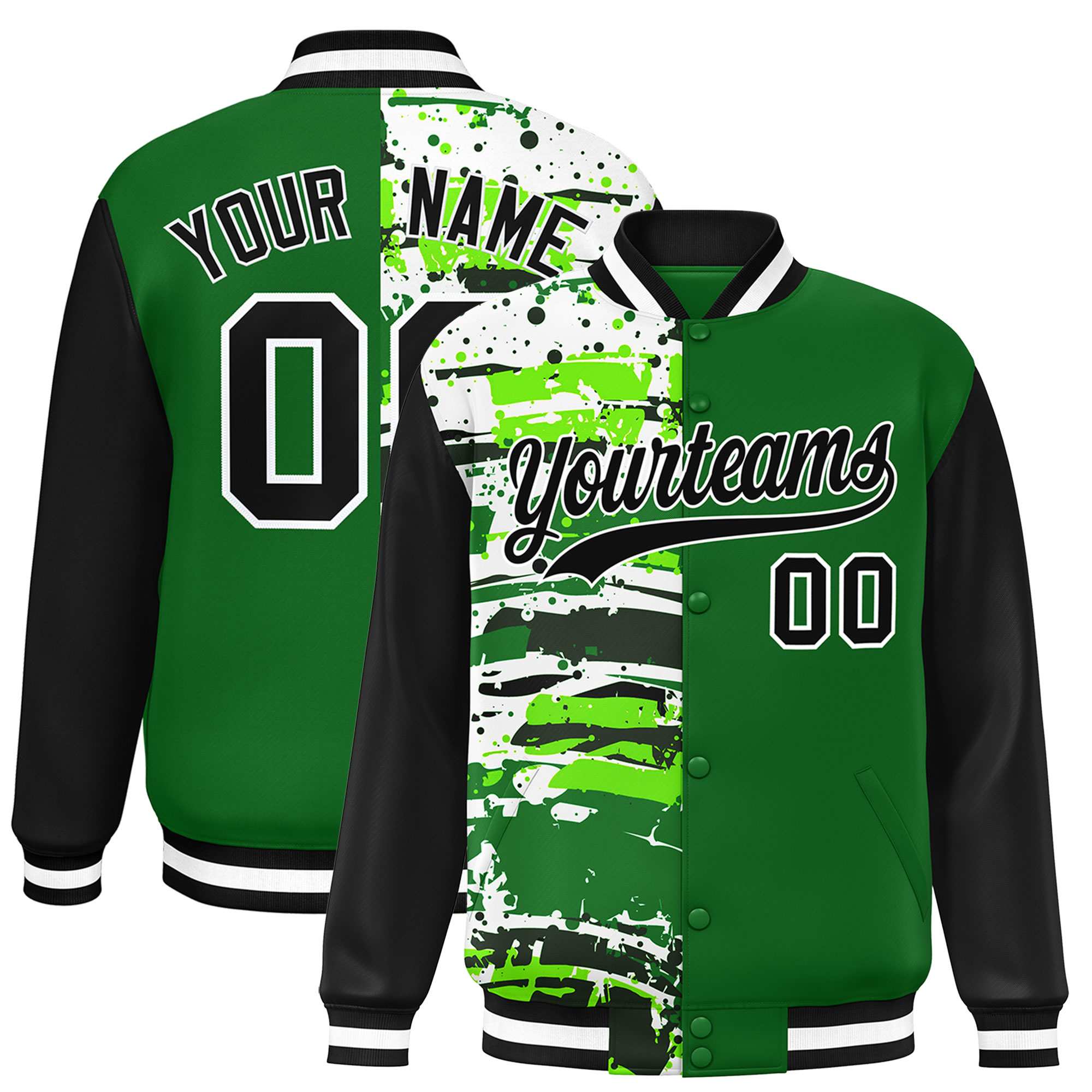 Custom Green Black Varsity Full-Snap Graffiti Pattern Letterman Baseball Jacket