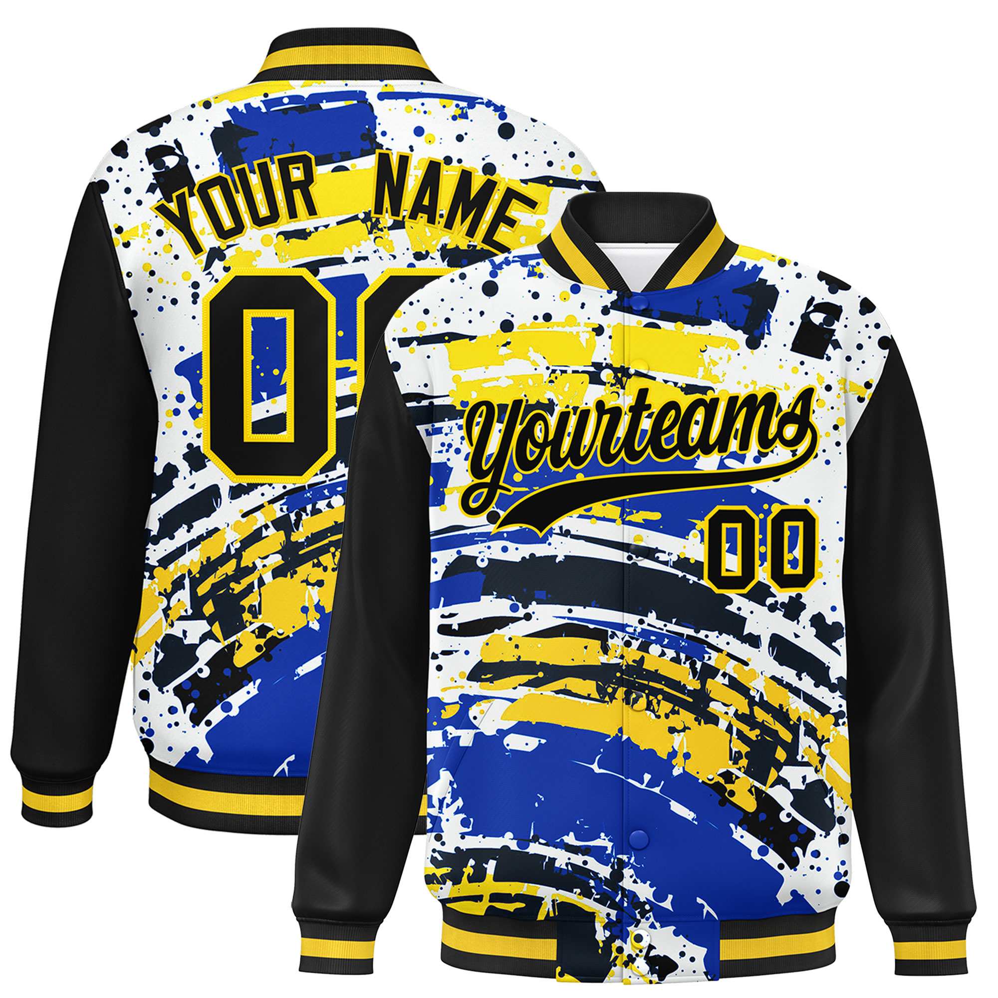 Custom Black Varsity Full-Snap Graffiti Pattern Letterman Baseball Jacket