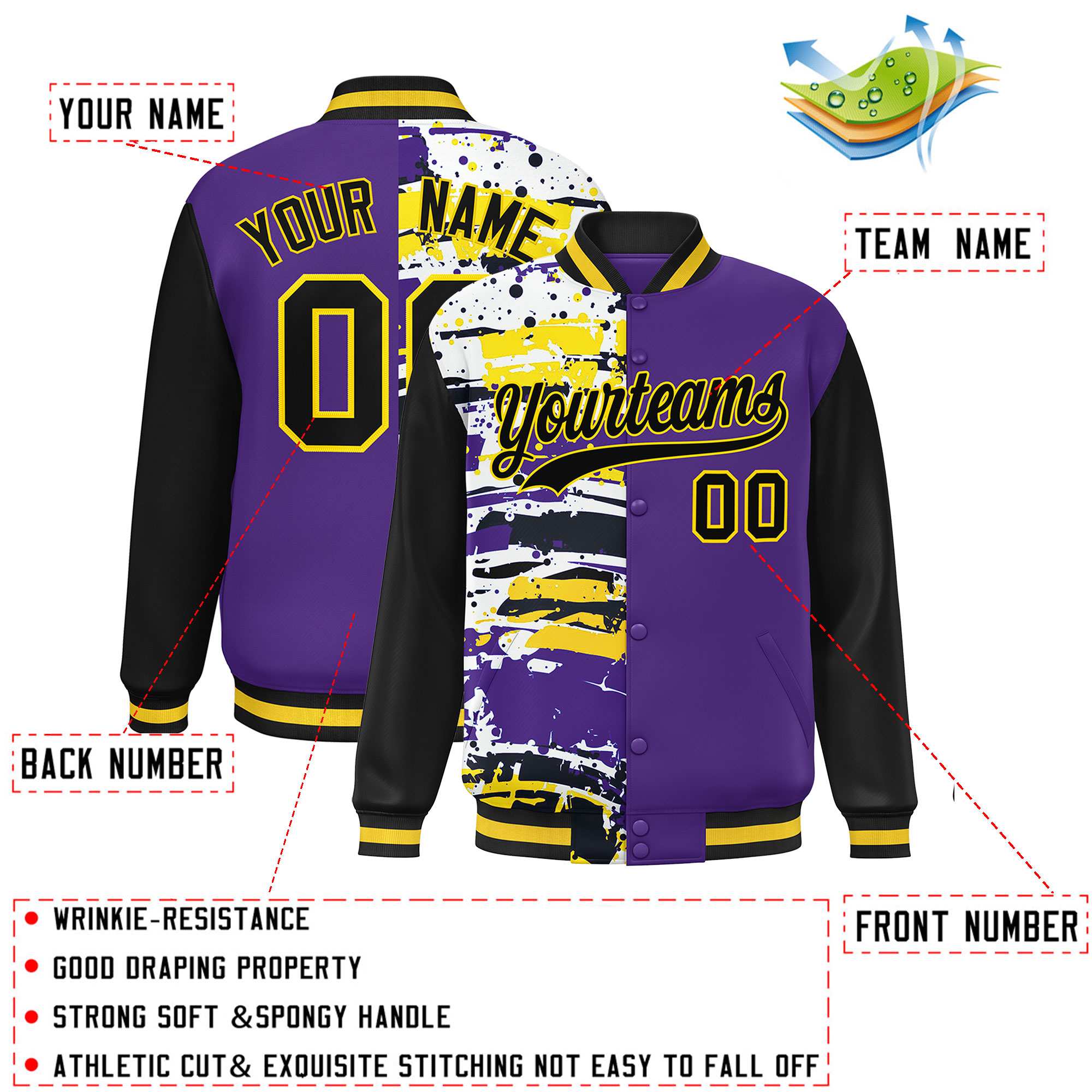 Custom Purple Black Varsity Full-Snap Graffiti Pattern Letterman Baseball Jacket