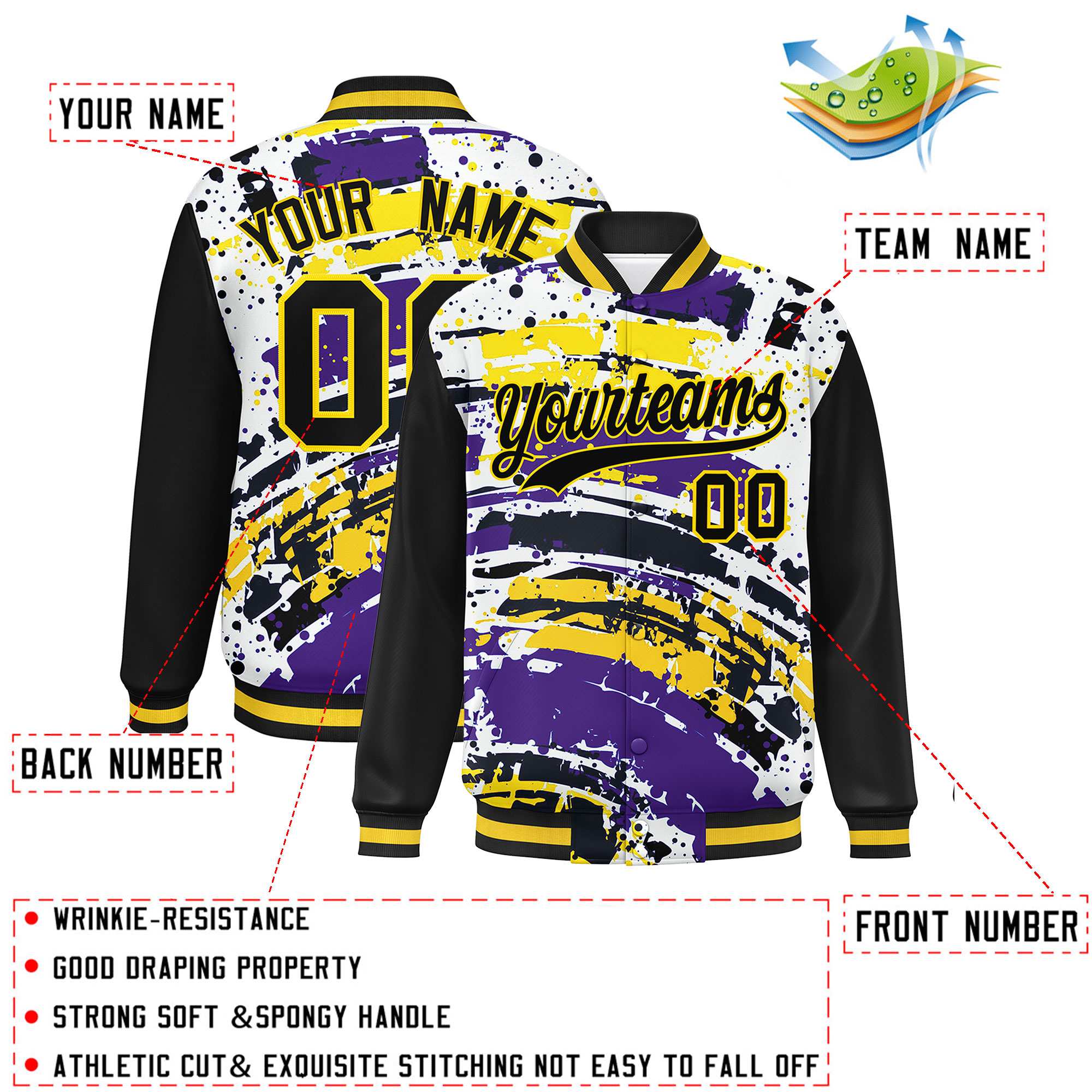 Custom Black Varsity Full-Snap Graffiti Pattern Letterman Baseball Jacket