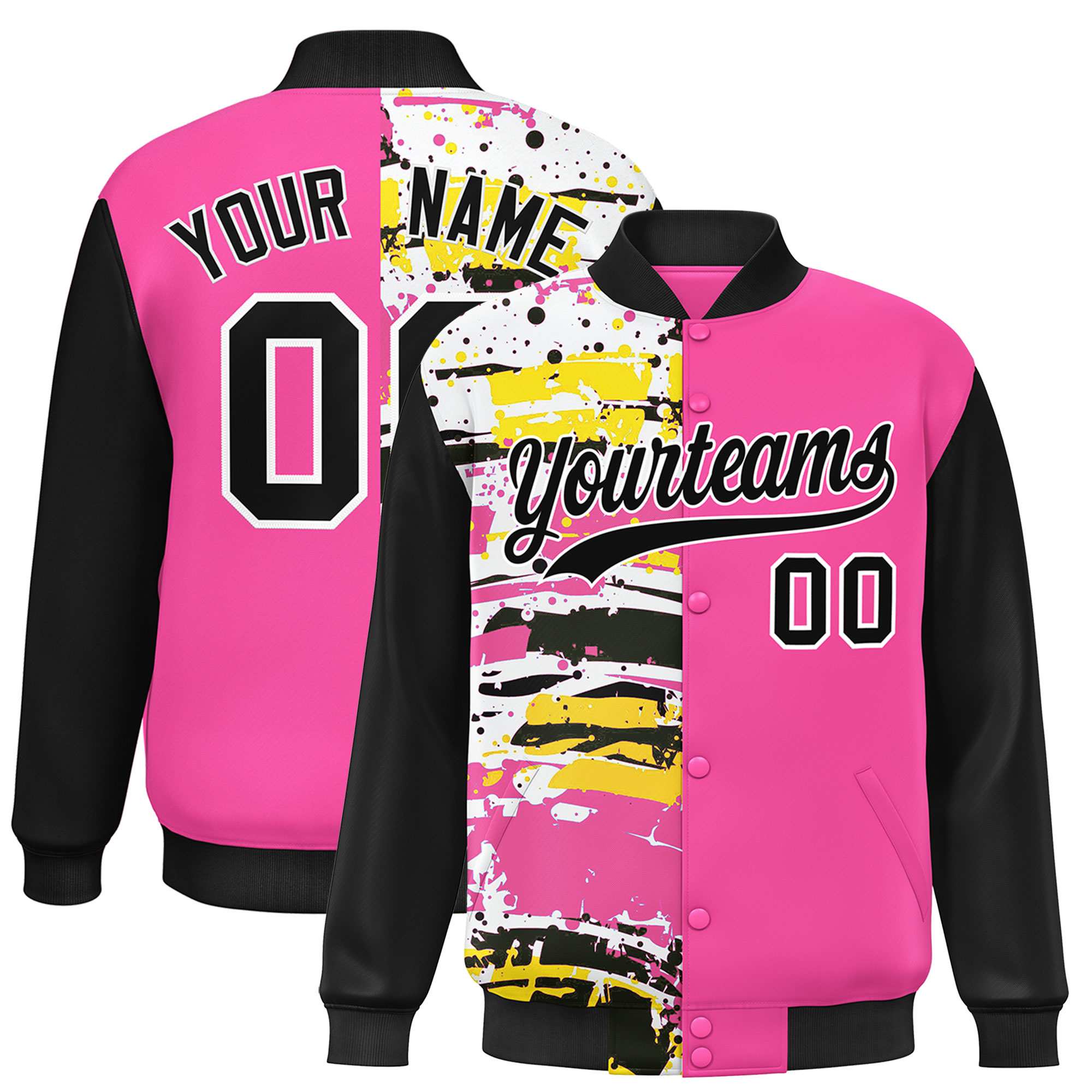 Custom Pink Black Varsity Full-Snap Graffiti Pattern Letterman Baseball Jacket