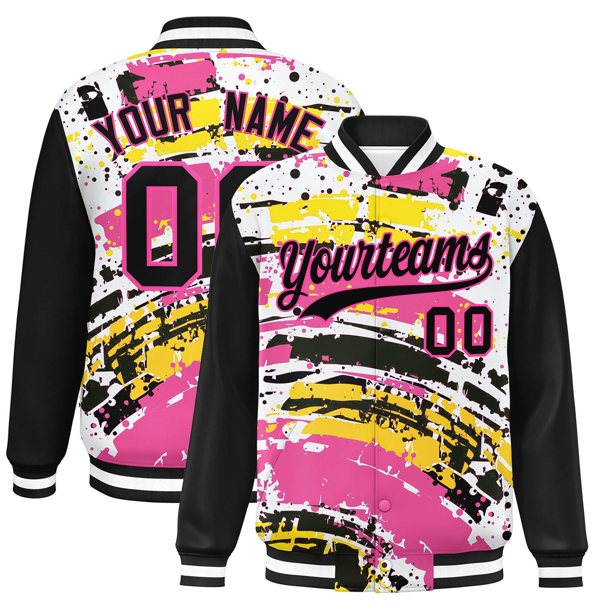 Custom Black Varsity Full-Snap Graffiti Pattern Letterman Baseball Jacket