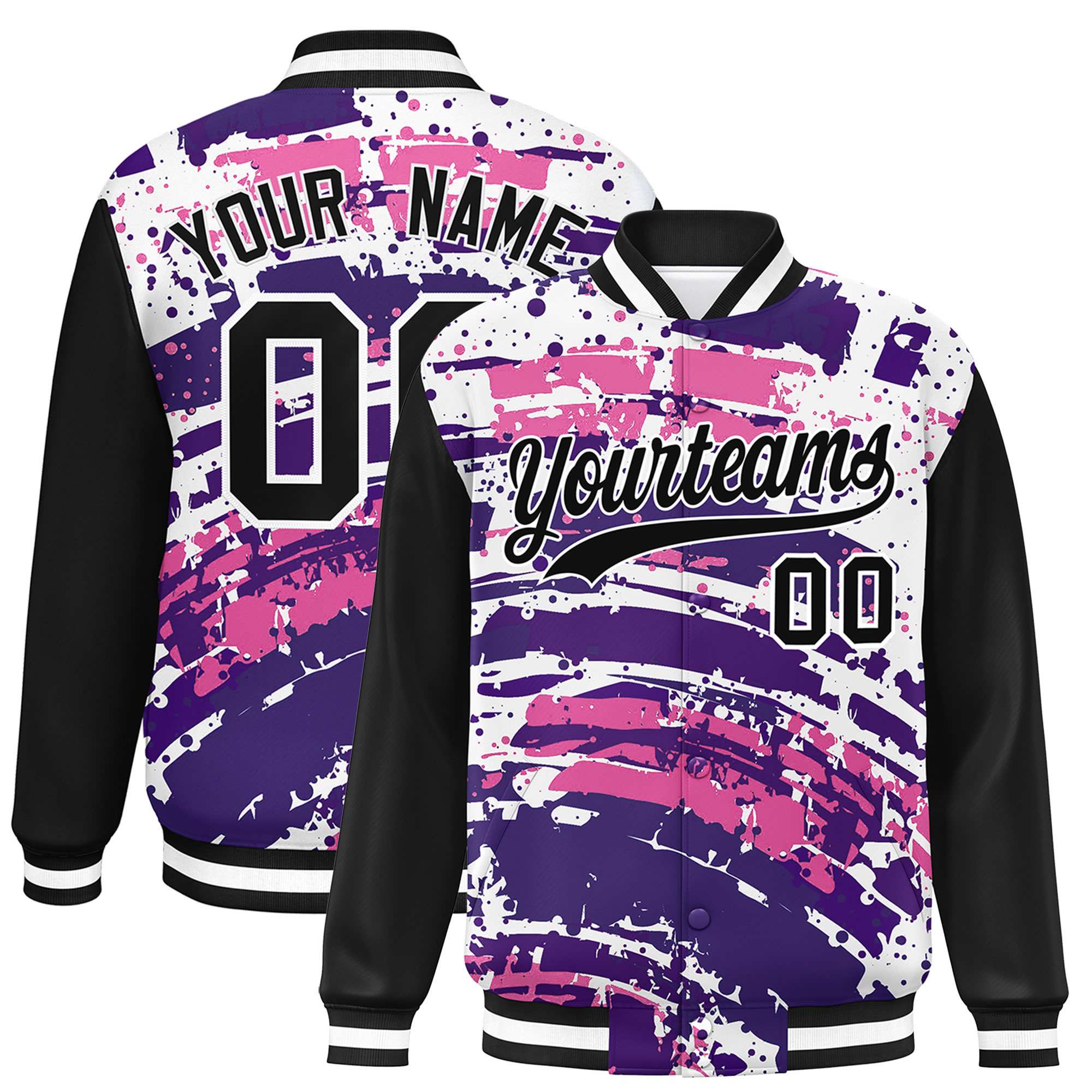 Custom Black Varsity Full-Snap Graffiti Pattern Letterman Baseball Jacket