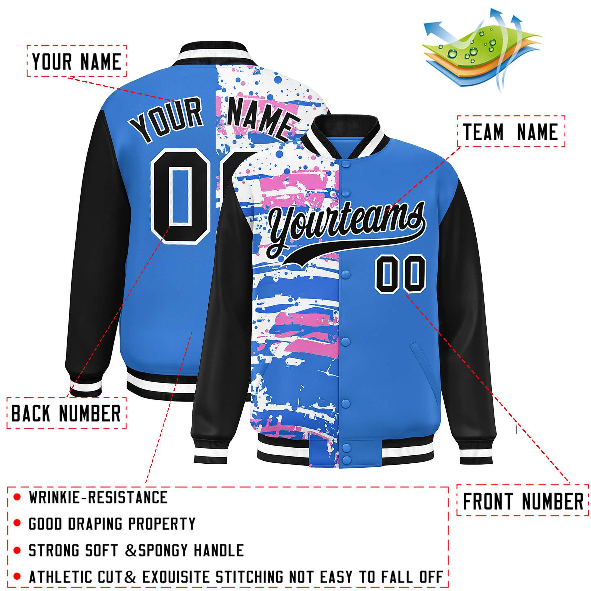 Custom Powder Blue Black Varsity Full-Snap Graffiti Pattern Letterman Baseball Jacket