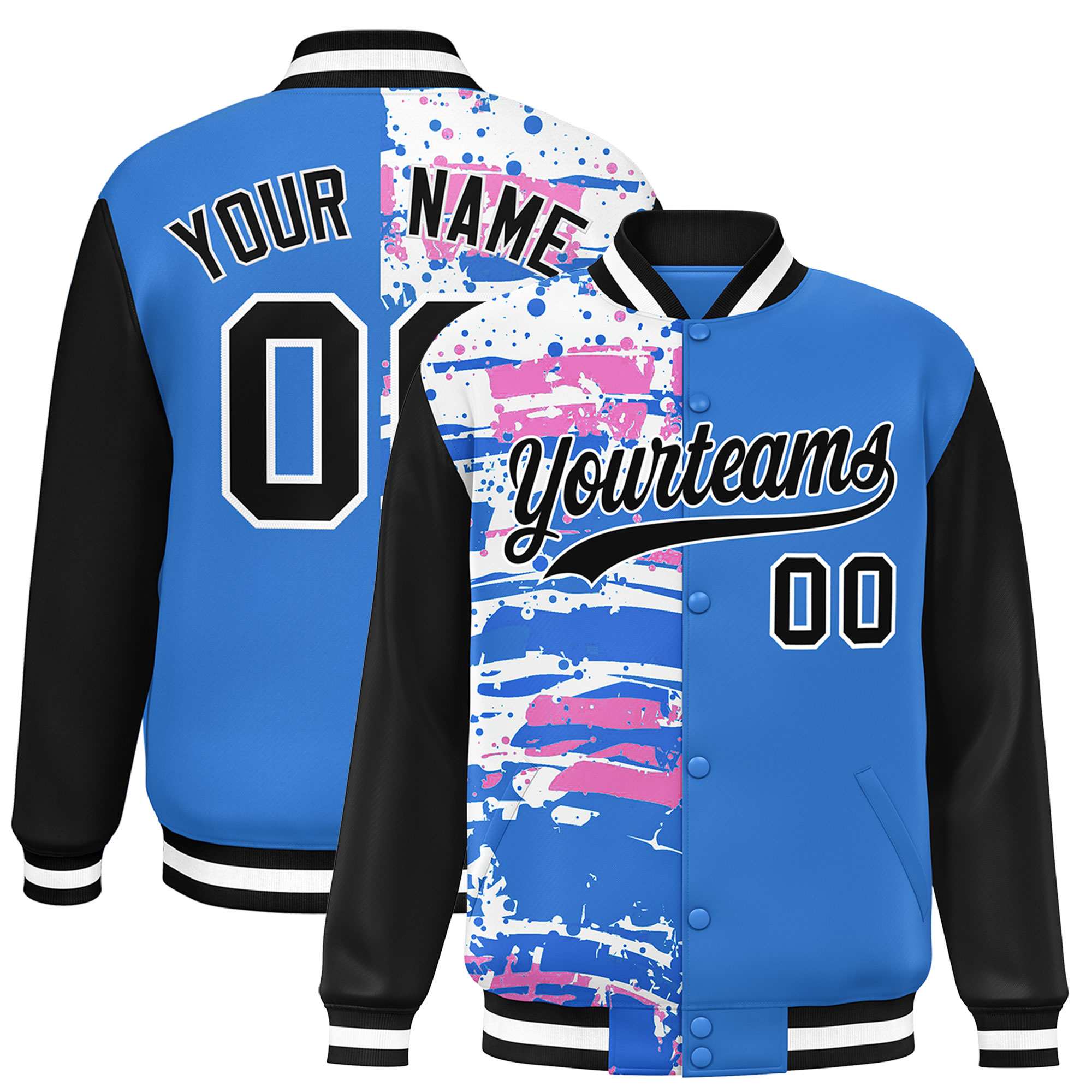 Custom Powder Blue Black Varsity Full-Snap Graffiti Pattern Letterman Baseball Jacket