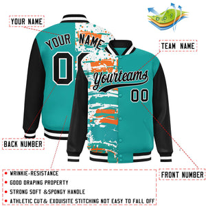 Custom Aqua Black Varsity Full-Snap Graffiti Pattern Letterman Baseball Jacket