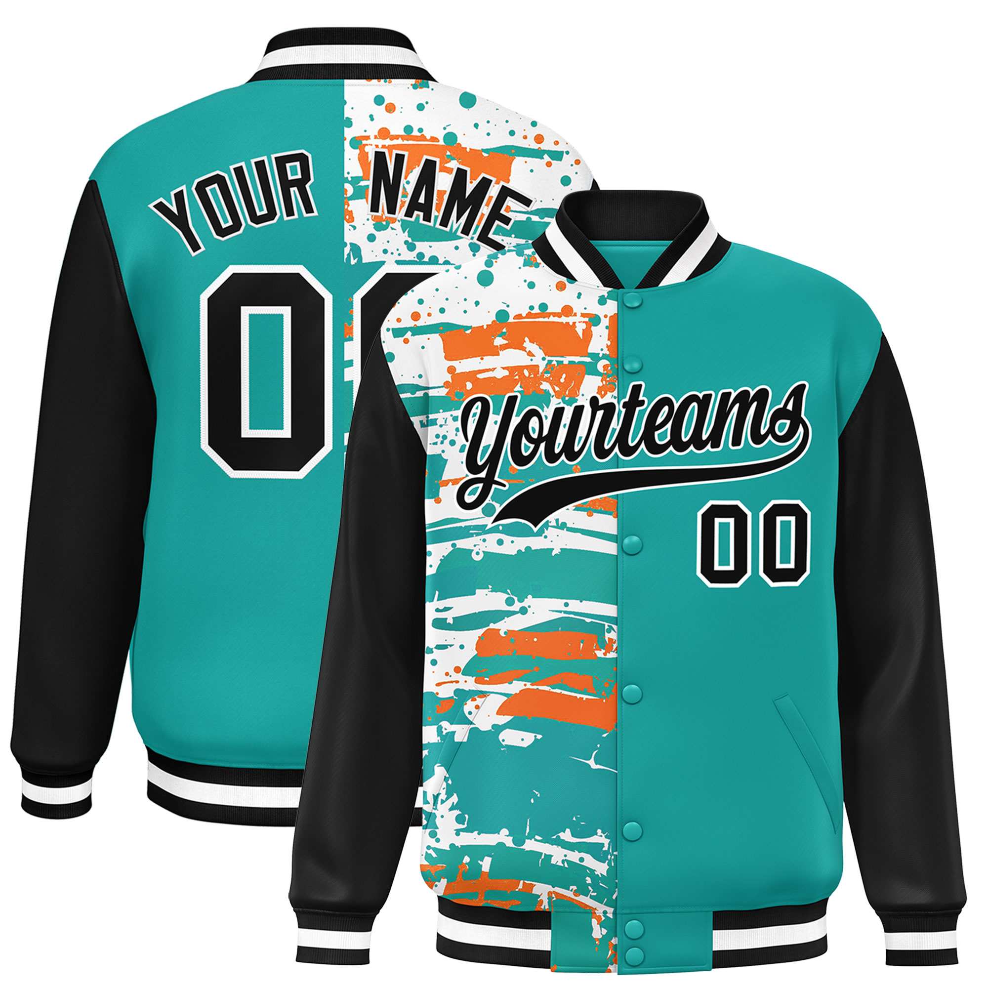 Custom Aqua Black Varsity Full-Snap Graffiti Pattern Letterman Baseball Jacket