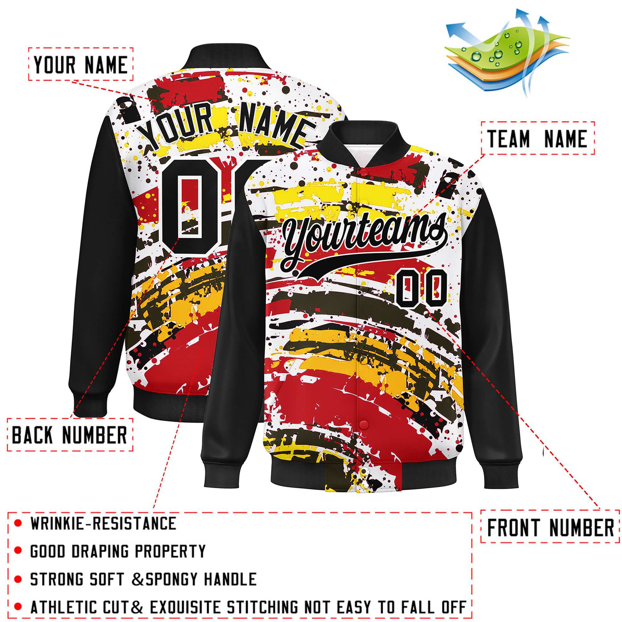 Custom Black Varsity Full-Snap Graffiti Pattern Letterman Baseball Jacket