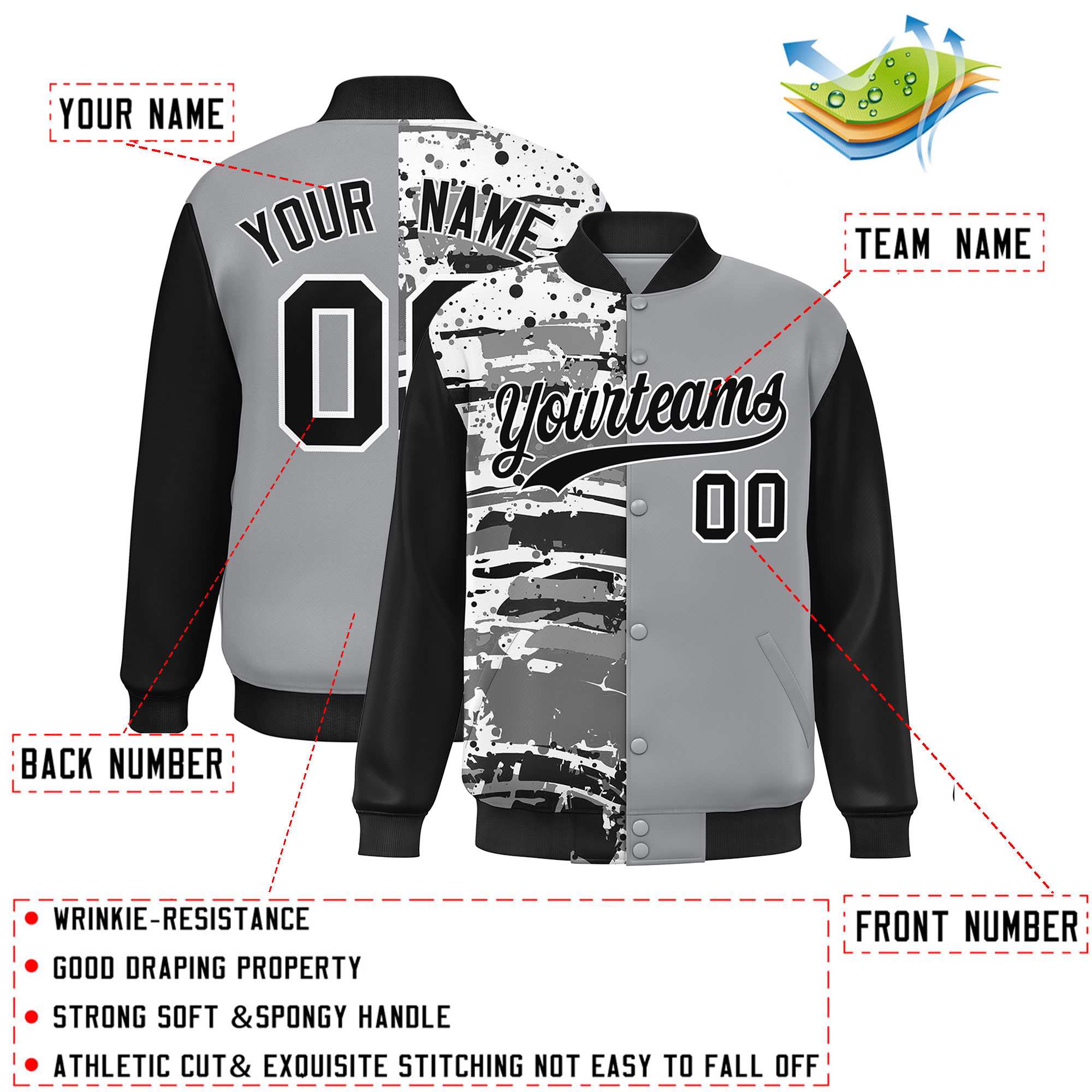 Custom Gray Black Varsity Full-Snap Graffiti Pattern Letterman Baseball Jacket