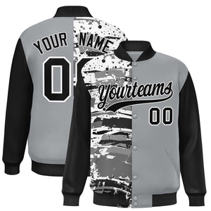 Custom Gray Black Varsity Full-Snap Graffiti Pattern Letterman Baseball Jacket