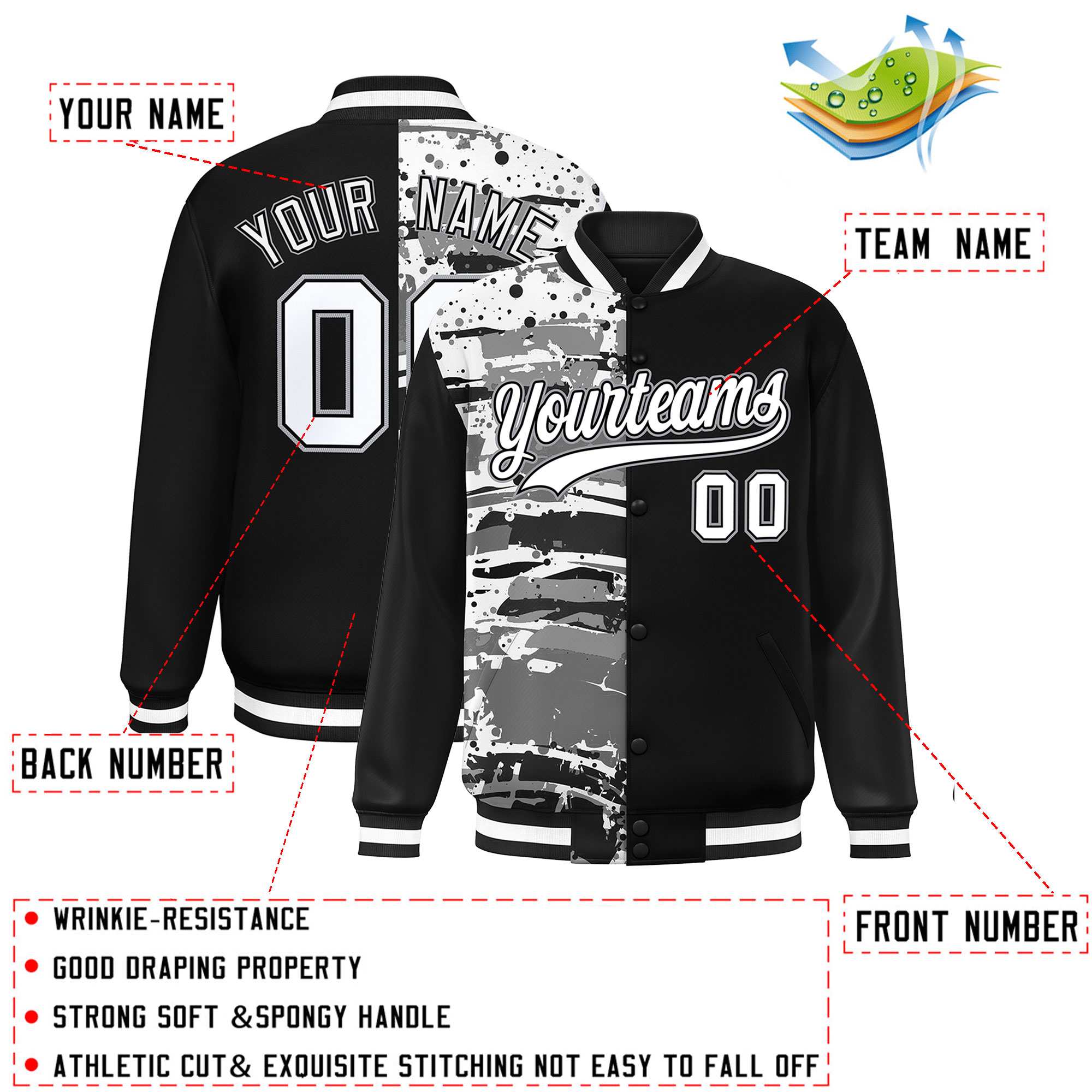 Custom Black Black Varsity Full-Snap Graffiti Pattern Letterman Baseball Jacket