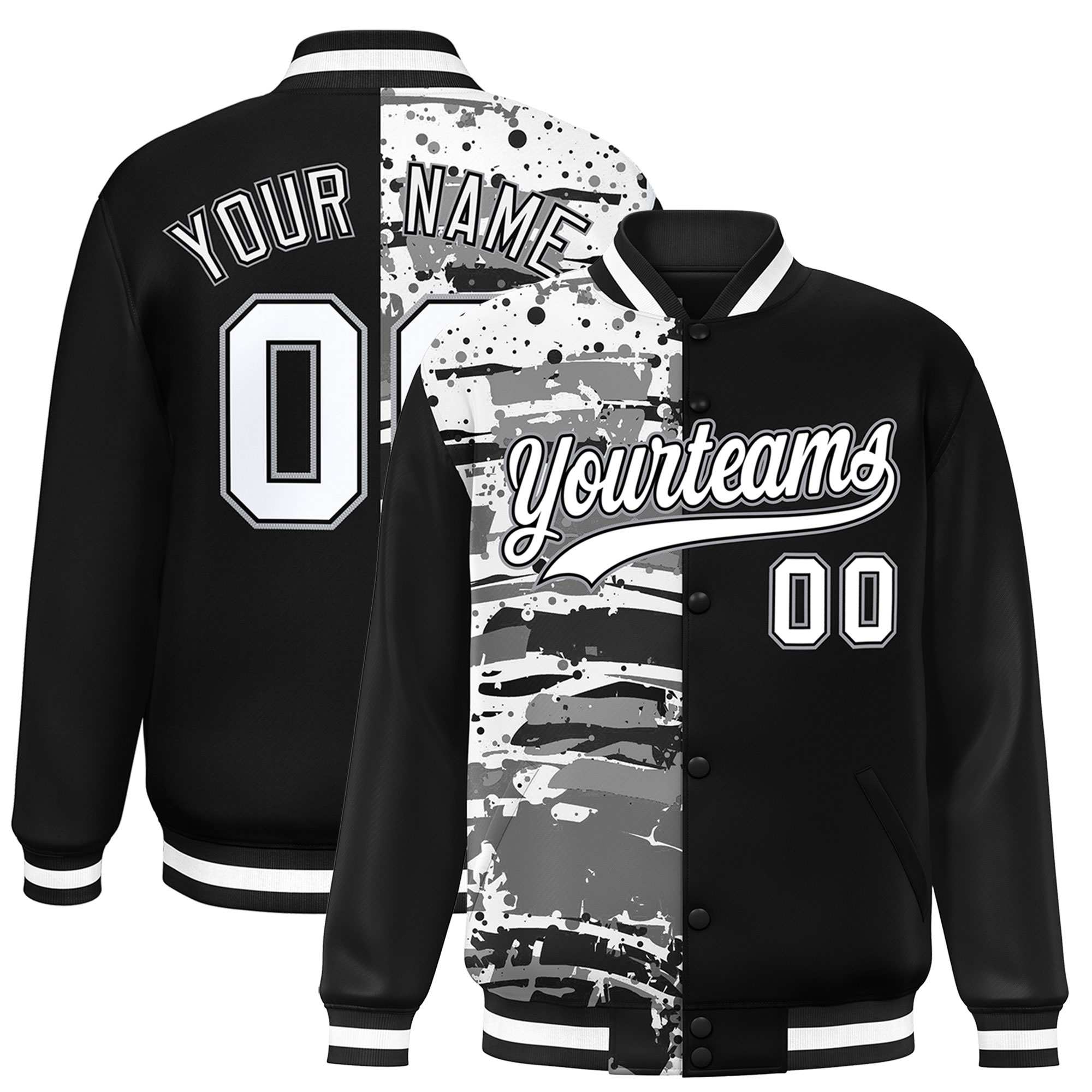 Custom Black Black Varsity Full-Snap Graffiti Pattern Letterman Baseball Jacket