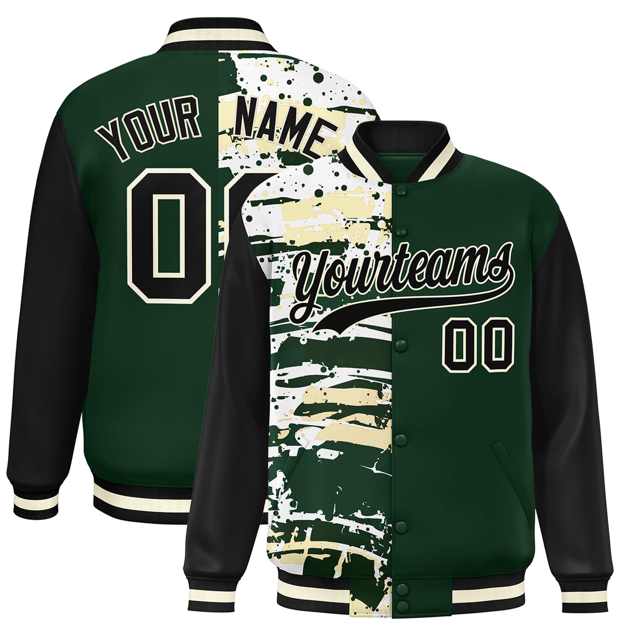 Custom Green Black Varsity Full-Snap Graffiti Pattern Letterman Baseball Jacket