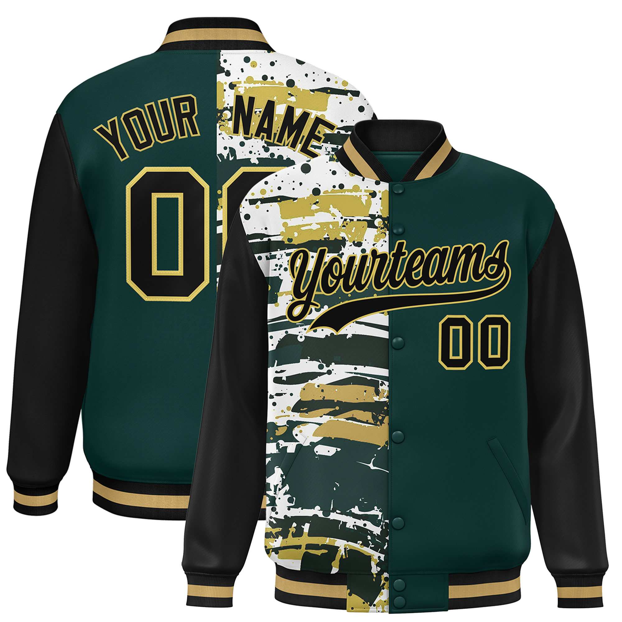 Custom Midnight Green Black Varsity Full-Snap Graffiti Pattern Letterman Baseball Jacket