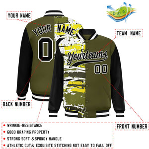 Custom Olive Black Varsity Full-Snap Graffiti Pattern Letterman Baseball Jacket