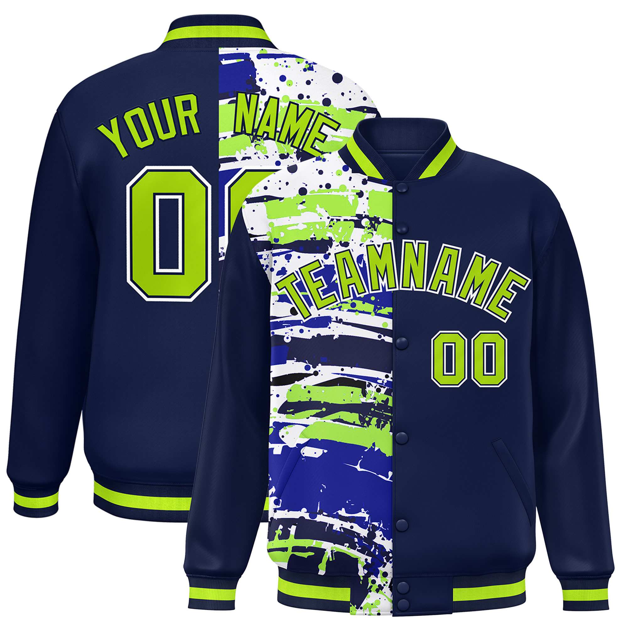 Custom Navy Navy Varsity Full-Snap Graffiti Pattern Letterman Baseball Jacket