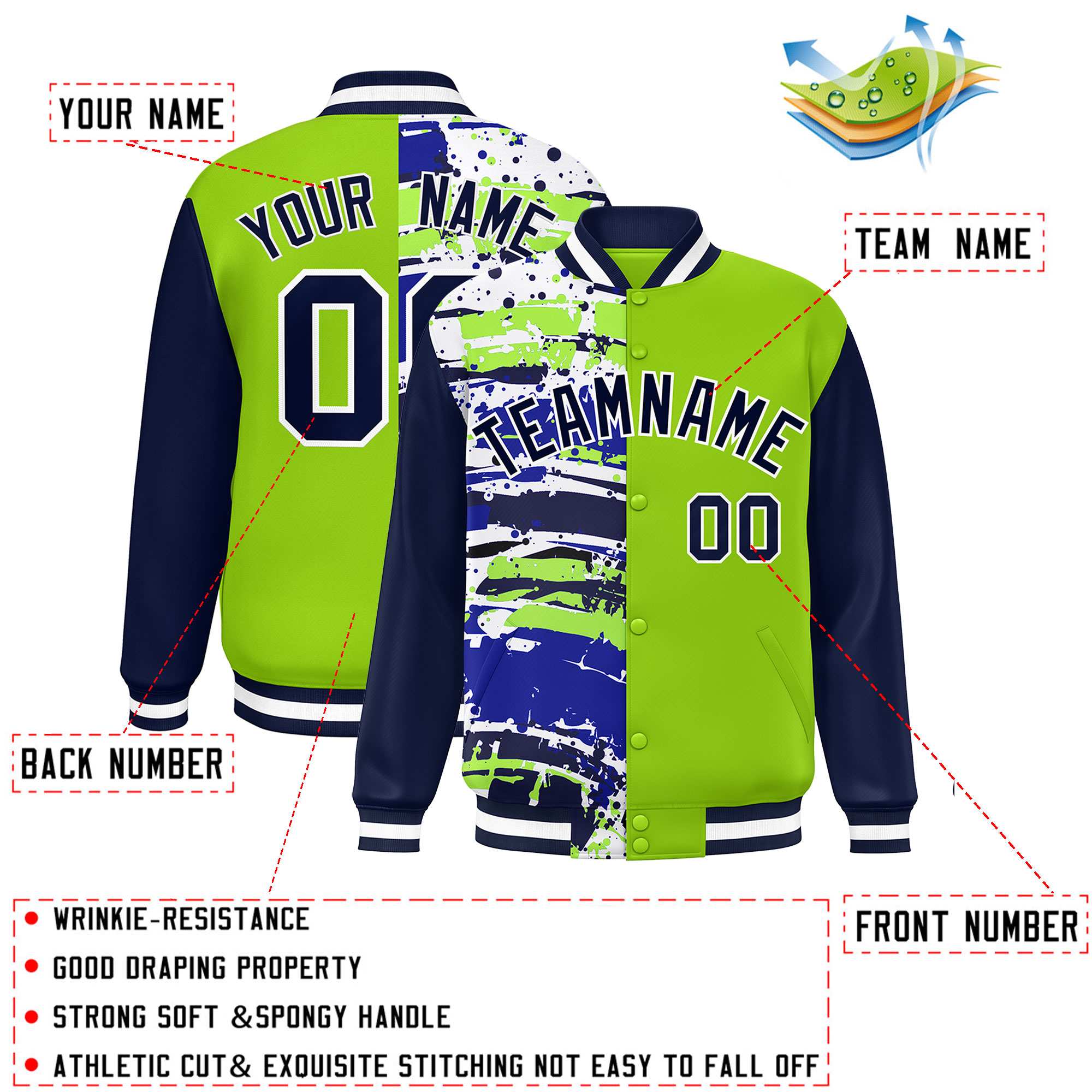 Custom Neon Green Navy Varsity Full-Snap Graffiti Pattern Letterman Baseball Jacket