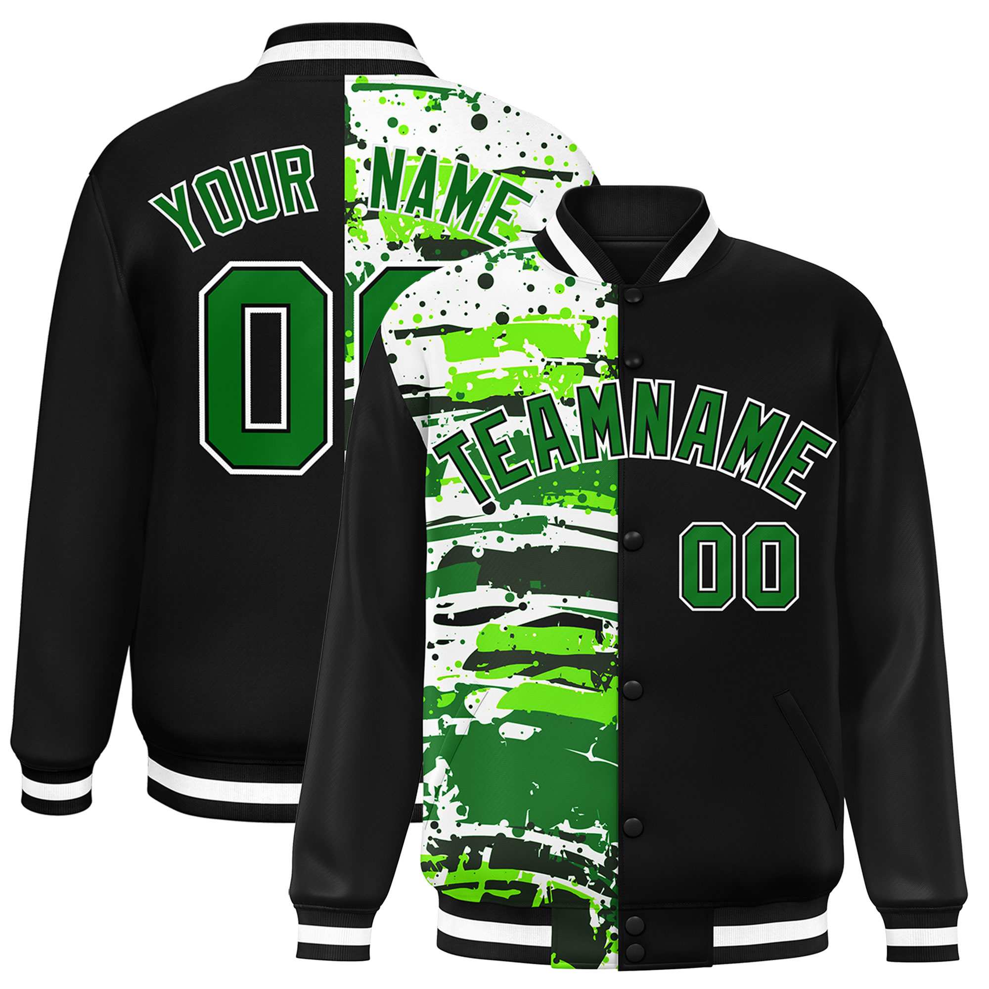 Custom Black Black Varsity Full-Snap Graffiti Pattern Letterman Baseball Jacket