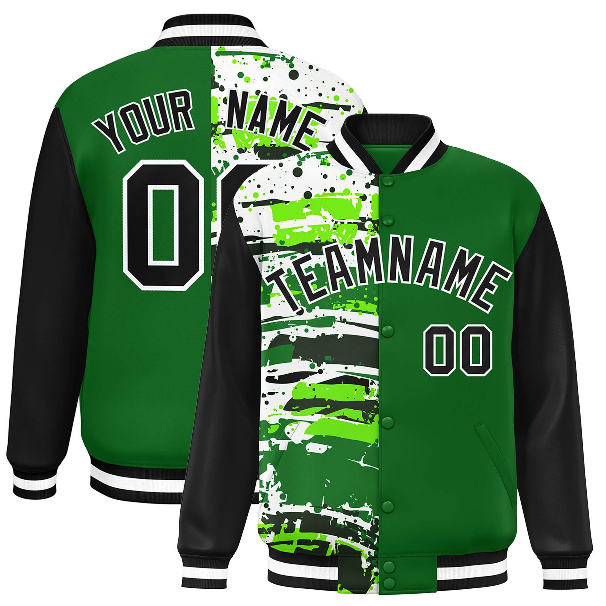 Custom Green Black Varsity Full-Snap Graffiti Pattern Letterman Baseball Jacket