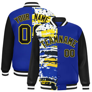 Custom Royal Black Varsity Full-Snap Graffiti Pattern Letterman Baseball Jacket