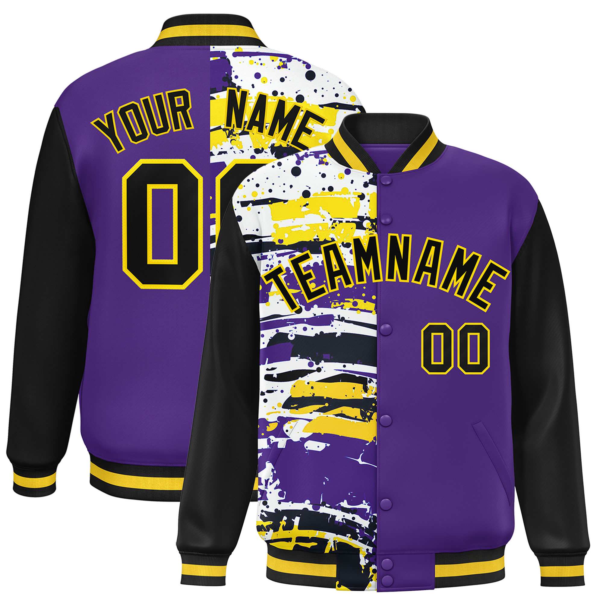 Custom Purple Black Varsity Full-Snap Graffiti Pattern Letterman Baseball Jacket