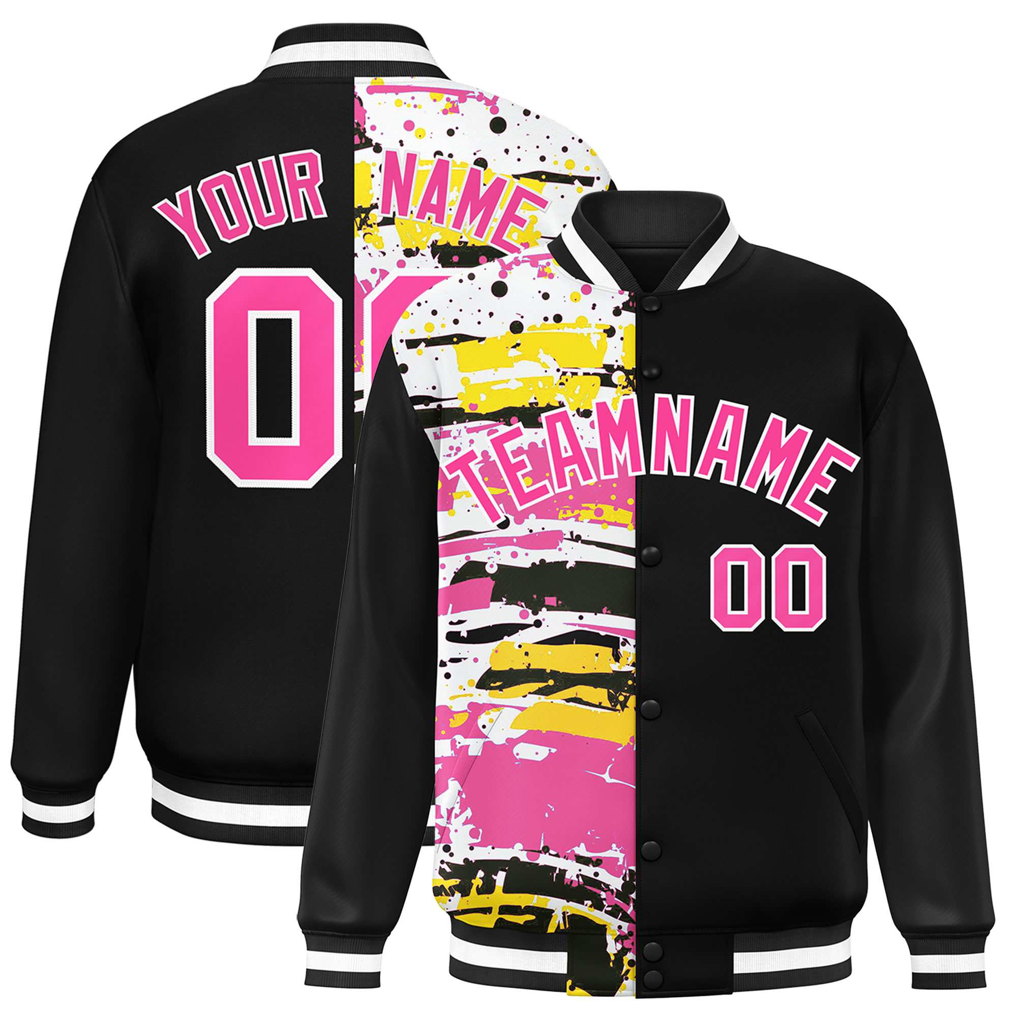 Custom Black Black Varsity Full-Snap Graffiti Pattern Letterman Baseball Jacket