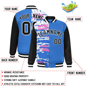 Custom Powder Blue Black Varsity Full-Snap Graffiti Pattern Letterman Baseball Jacket