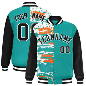 Custom Aqua Black Varsity Full-Snap Graffiti Pattern Letterman Baseball Jacket