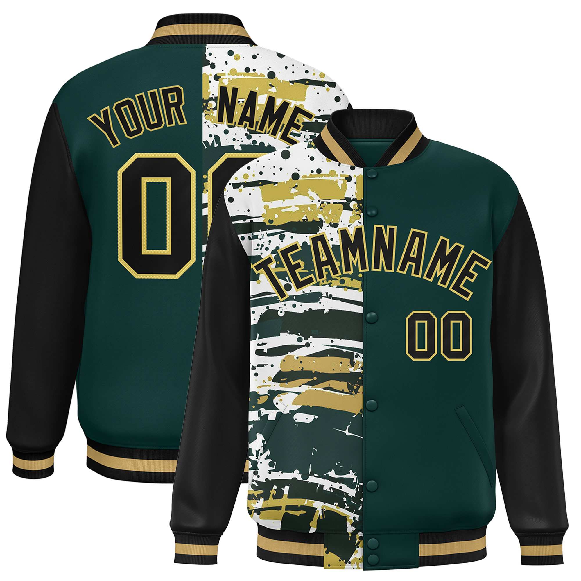 Custom Midnight Green Black Varsity Full-Snap Graffiti Pattern Letterman Baseball Jacket