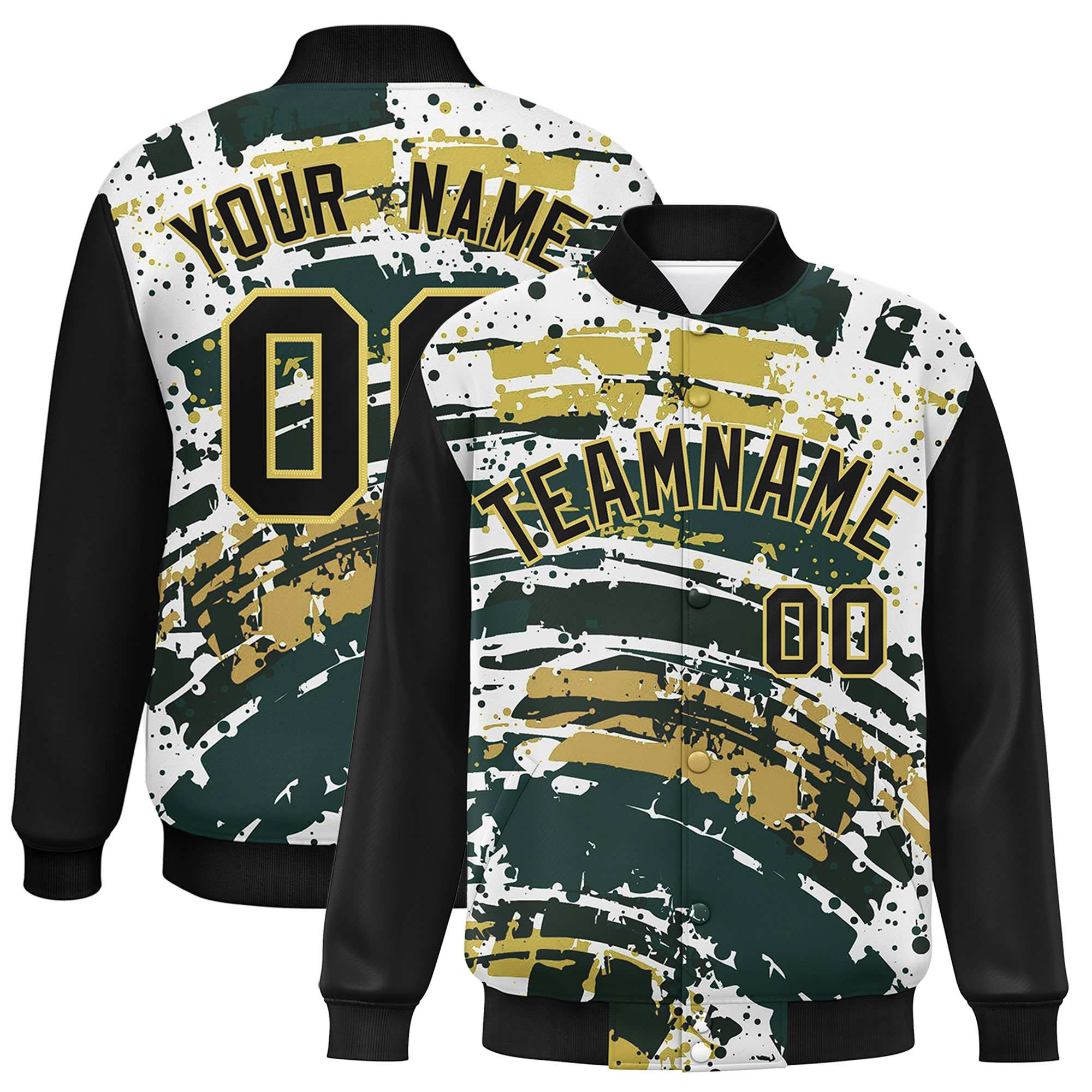 Custom Black Varsity Full-Snap Graffiti Pattern Letterman Baseball Jacket