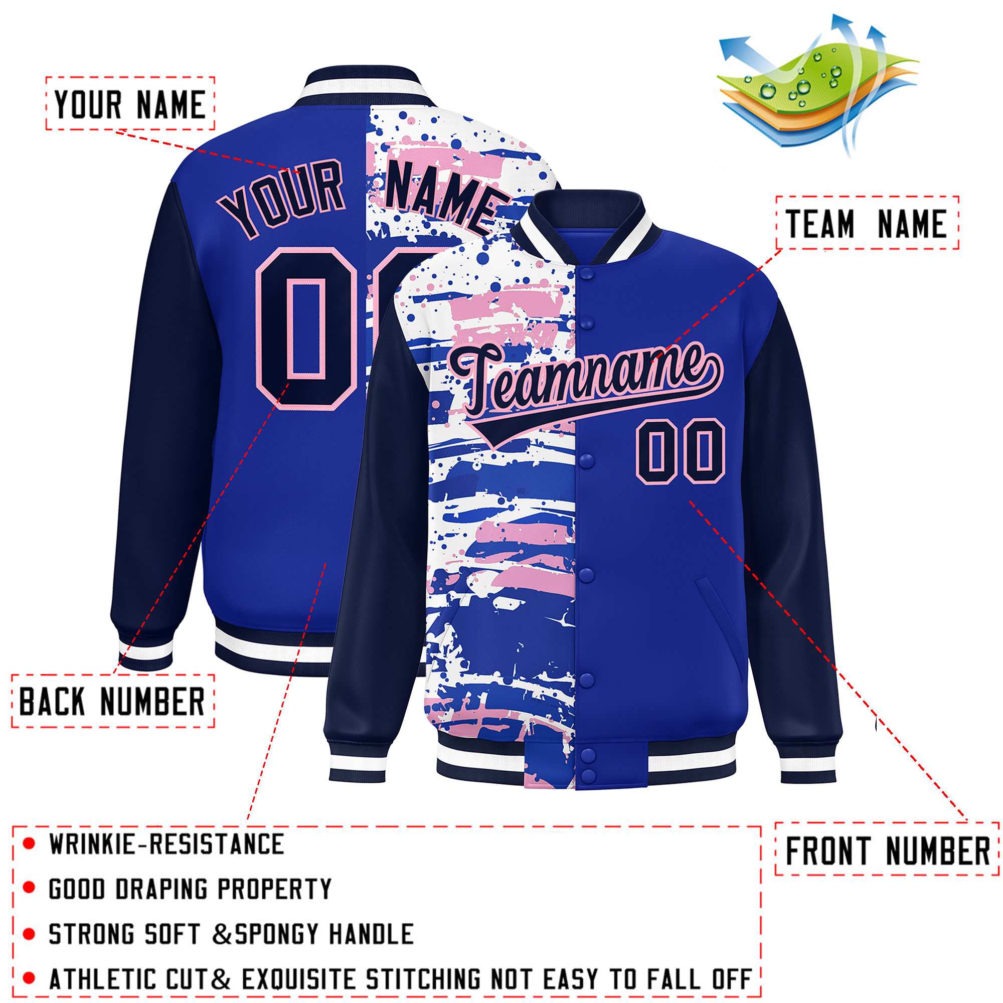 Custom Royal Navy Varsity Full-Snap Graffiti Pattern Letterman Baseball Jacket