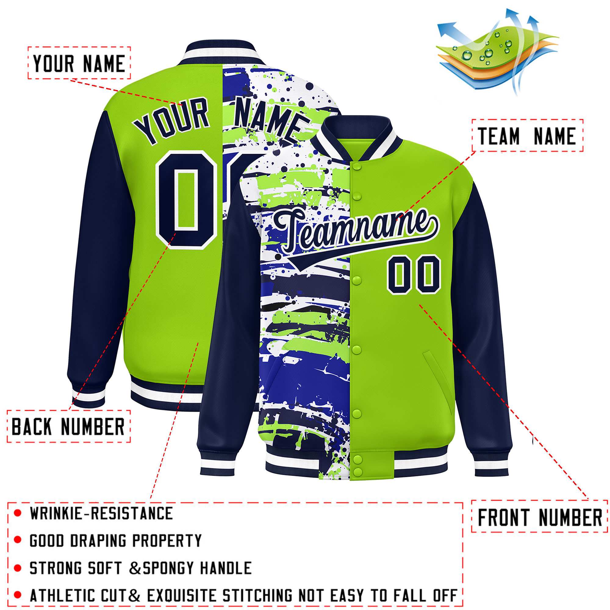 Custom Neon Green Navy Varsity Full-Snap Graffiti Pattern Letterman Baseball Jacket