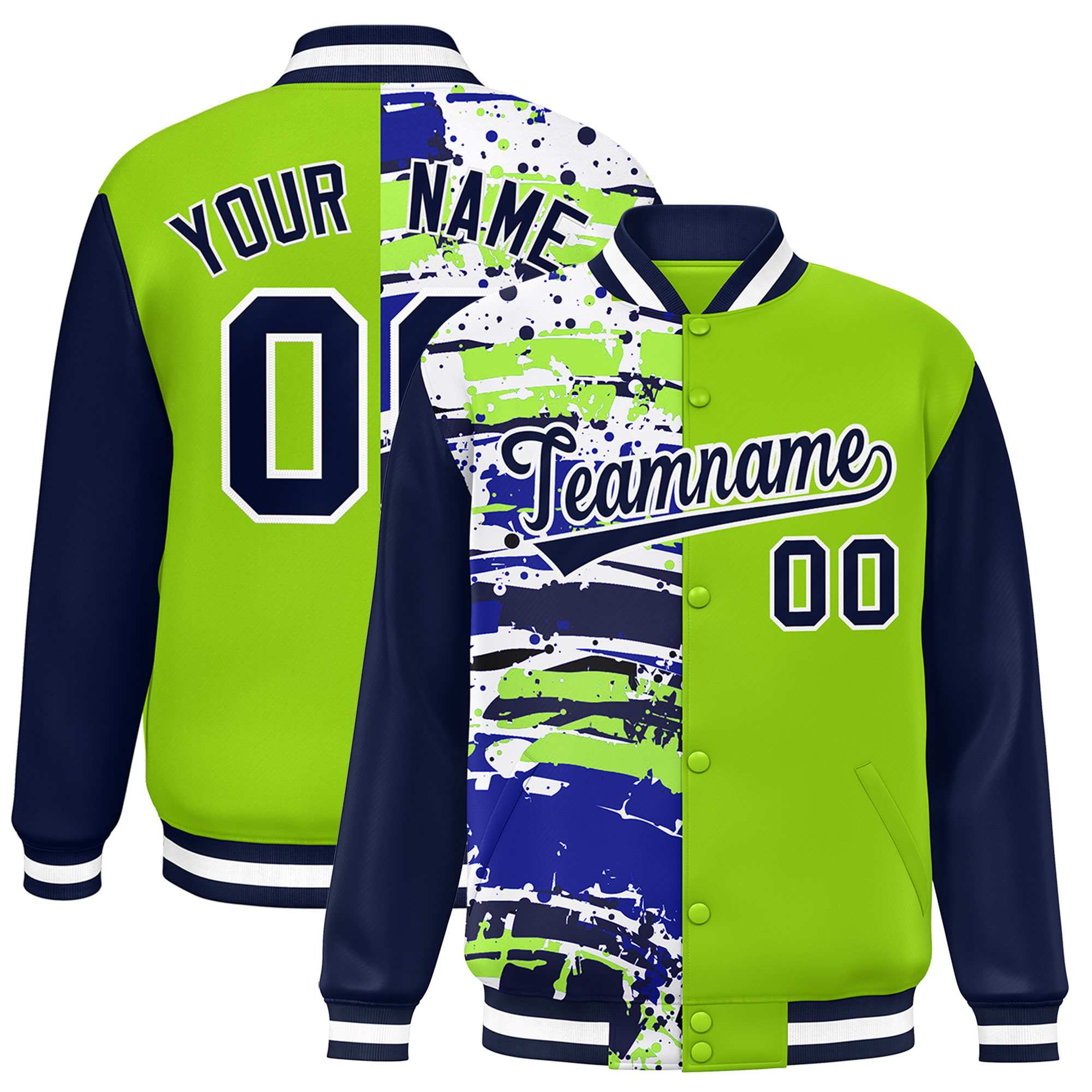 Custom Neon Green Navy Varsity Full-Snap Graffiti Pattern Letterman Baseball Jacket