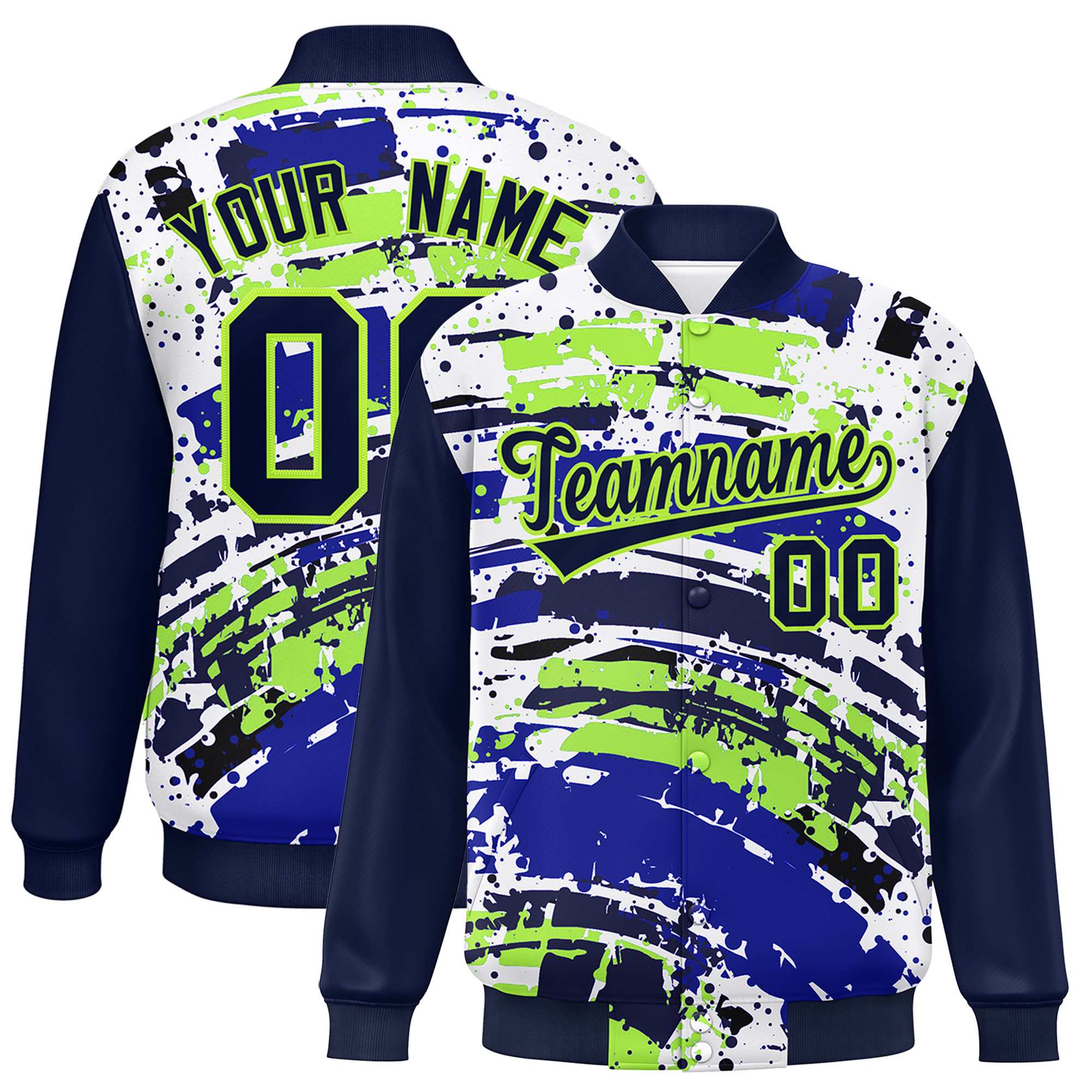 Custom Navy Varsity Full-Snap Graffiti Pattern Letterman Baseball Jacket