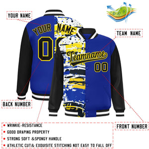 Custom Royal Black Varsity Full-Snap Graffiti Pattern Letterman Baseball Jacket