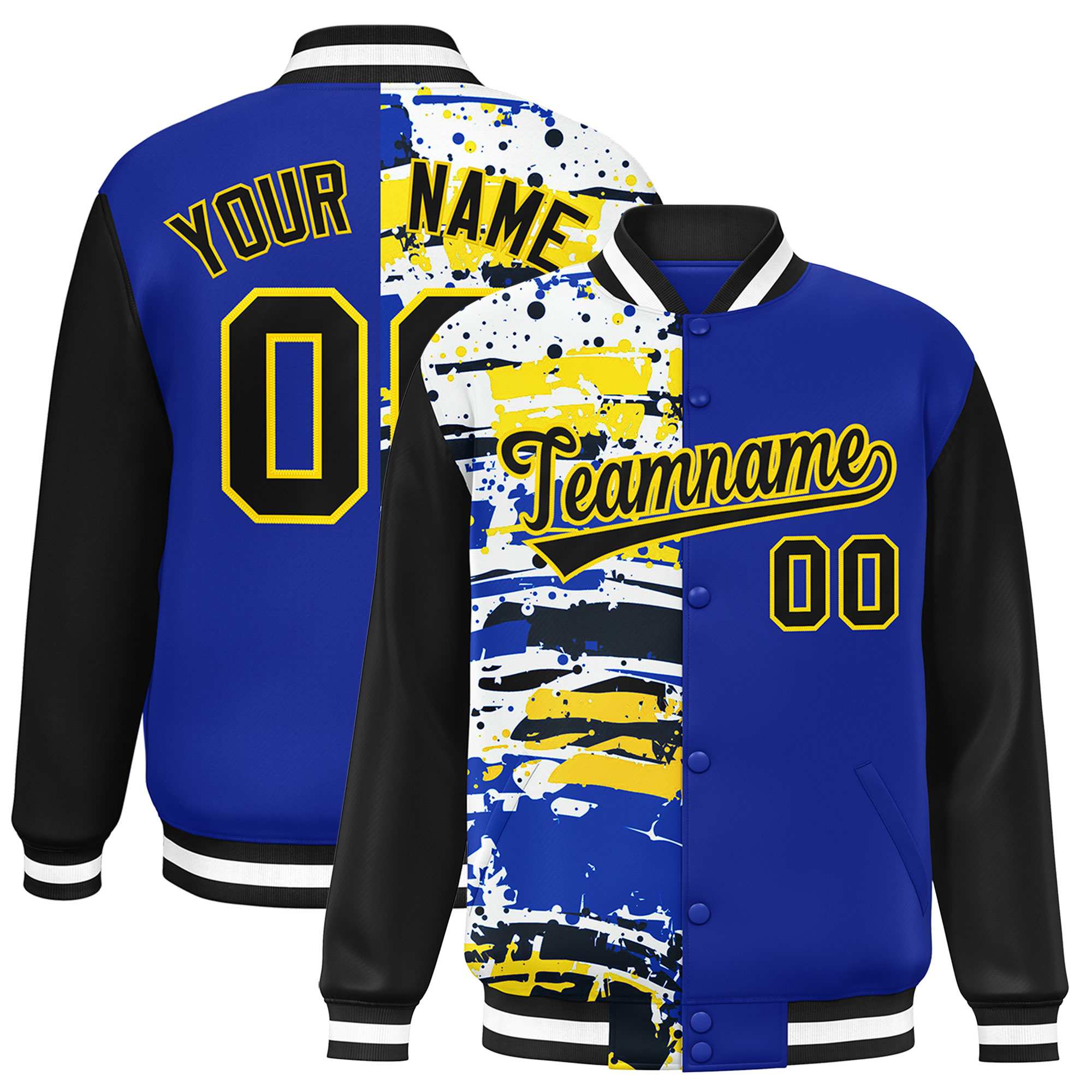 Custom Royal Black Varsity Full-Snap Graffiti Pattern Letterman Baseball Jacket