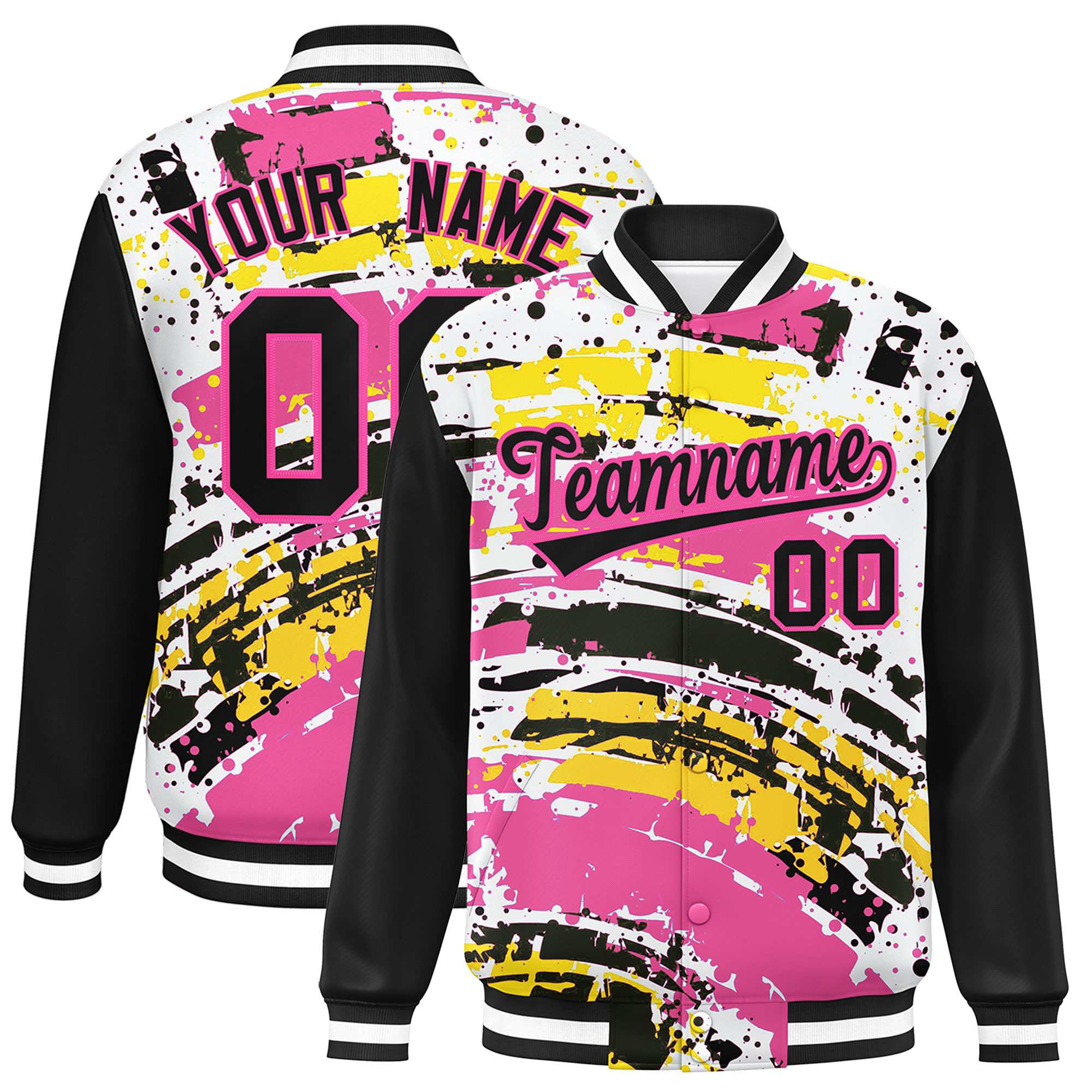 Custom Black Varsity Full-Snap Graffiti Pattern Letterman Baseball Jacket