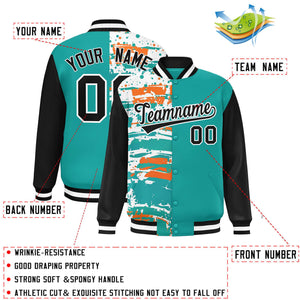 Custom Aqua Black Varsity Full-Snap Graffiti Pattern Letterman Baseball Jacket