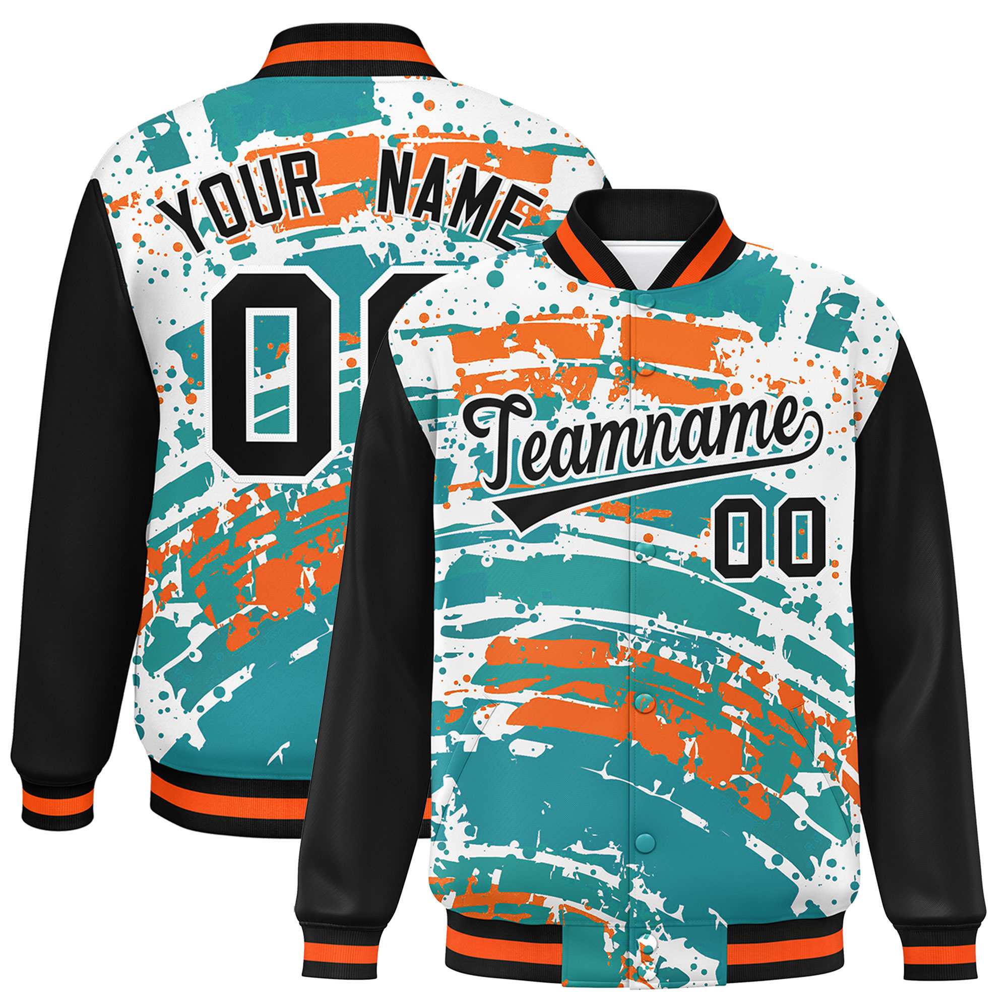 Custom Black Varsity Full-Snap Graffiti Pattern Letterman Baseball Jacket