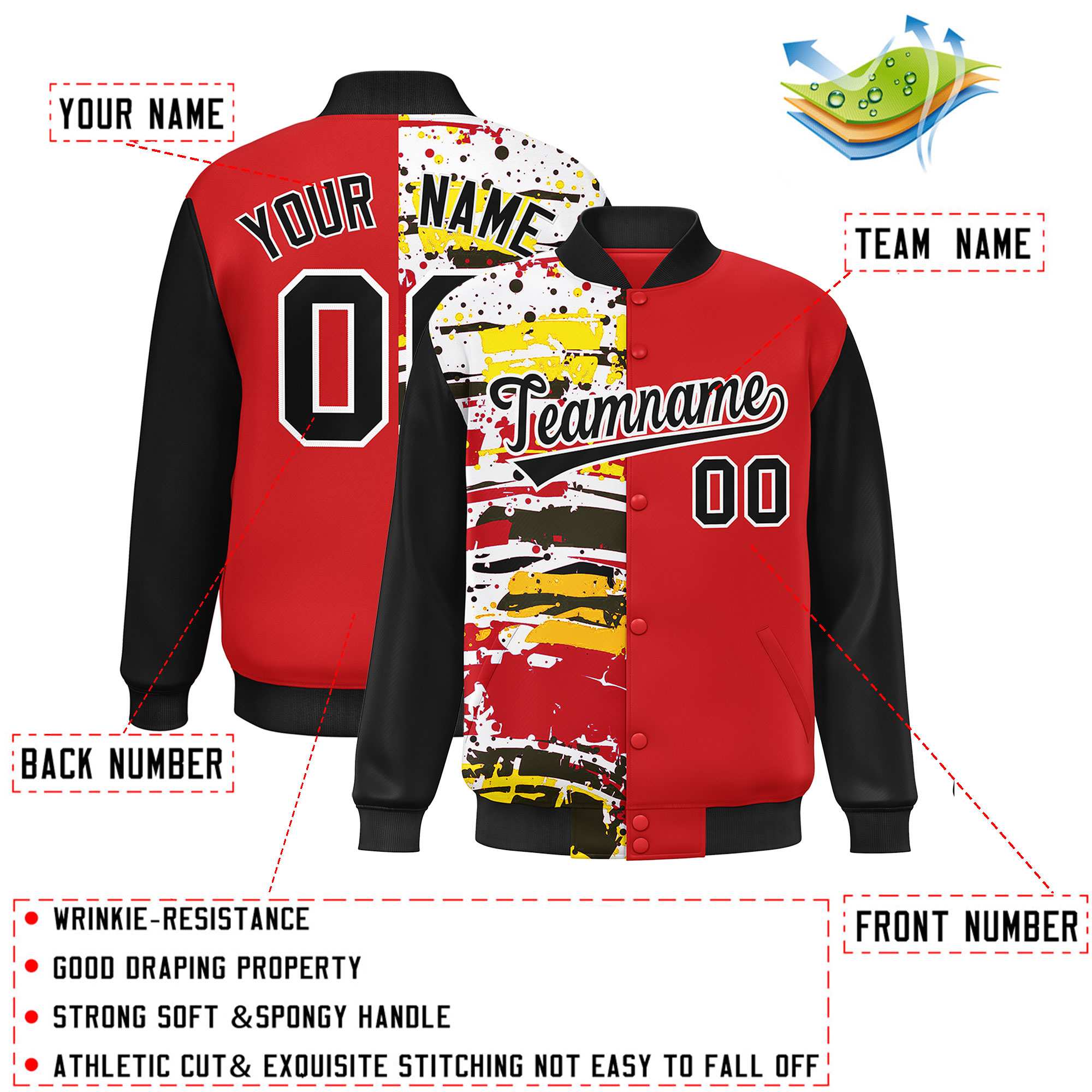 Custom Red Black Varsity Full-Snap Graffiti Pattern Letterman Baseball Jacket