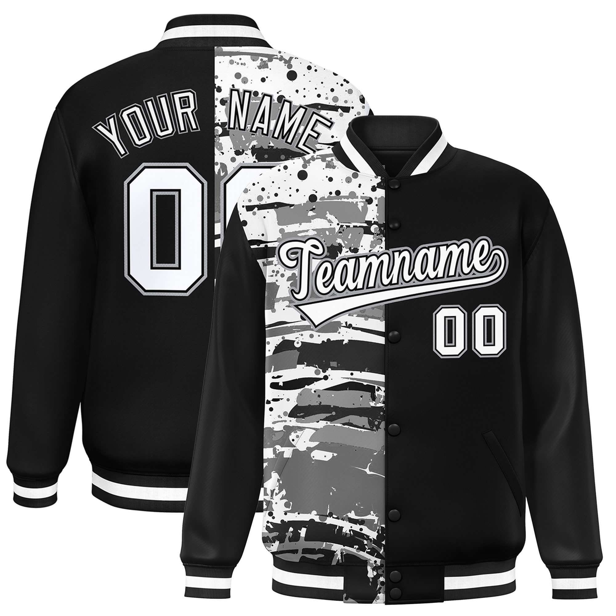 Custom Black Black Varsity Full-Snap Graffiti Pattern Letterman Baseball Jacket